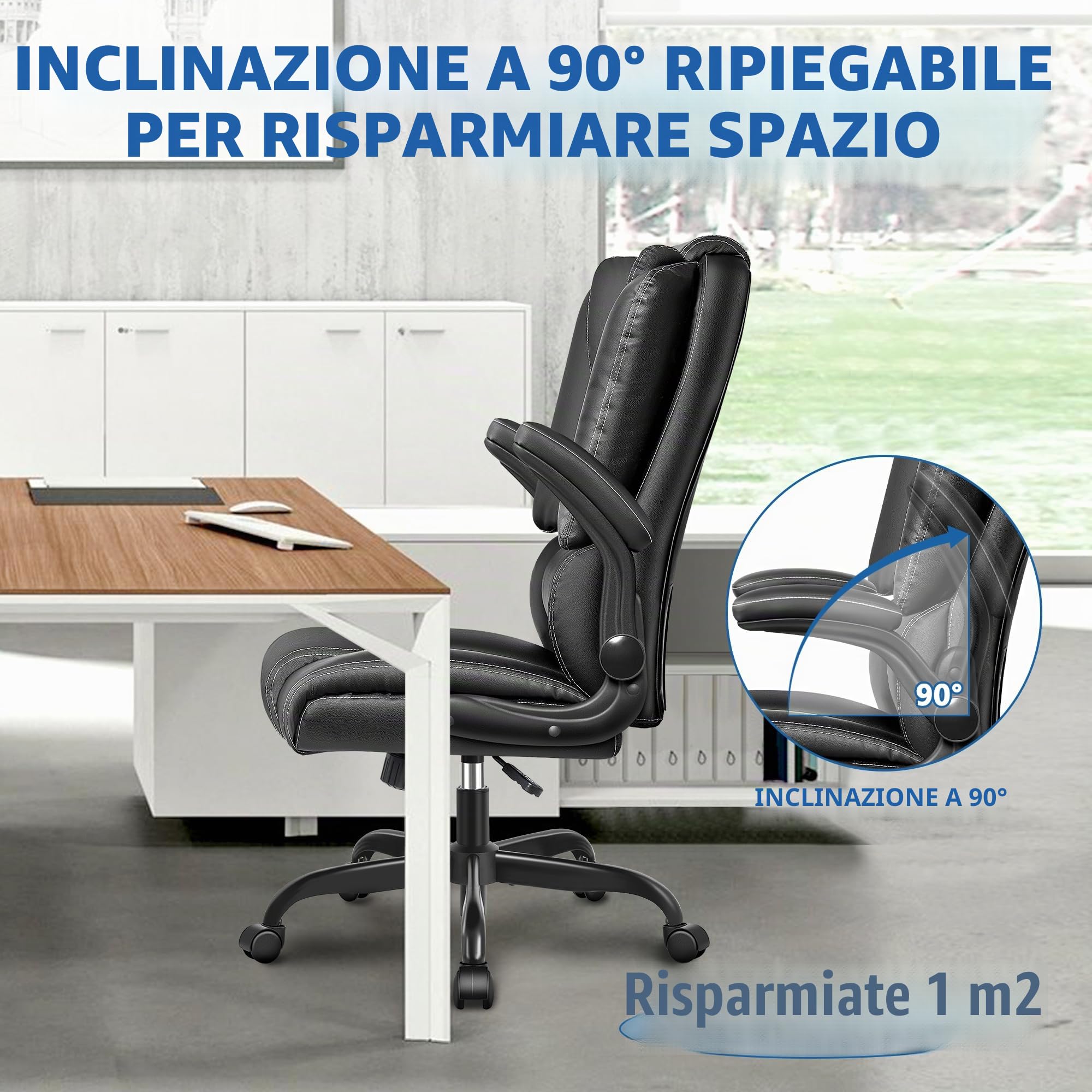 sedia ufficio ergonomica, sedia ufficio direzionale con schienale regolabile e braccioli pieghevoli, sedia scrivania con schienale alto, rotazione a 360º e supporto lombare, nero
