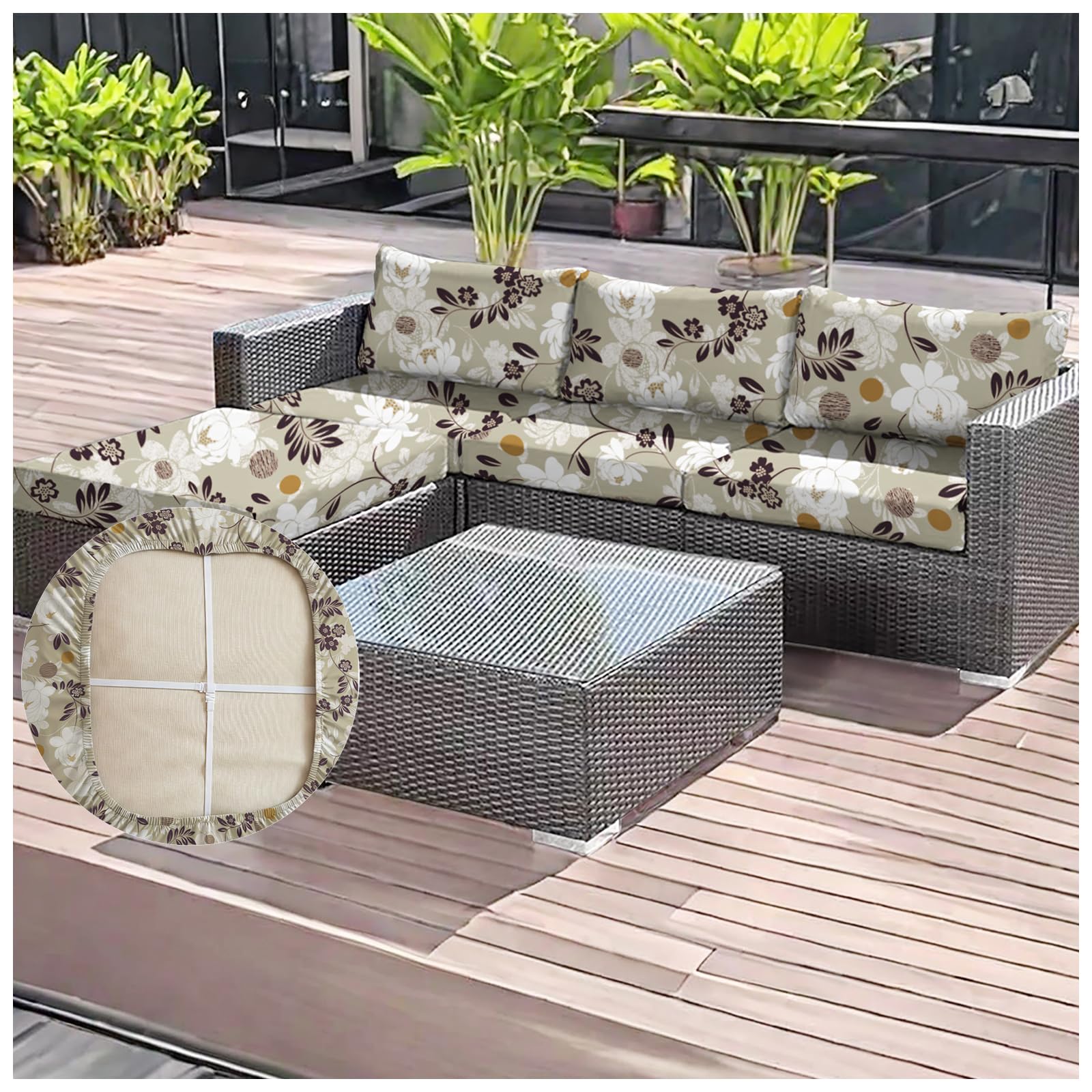 OREZAUQS 2/3/4 Pack Stretch Patio Cushion Covers | Water Resistant Outdoor Cushion Slipcovers | Washable Furniture Protector, Multiple Printed Patterns (C,S (4 PCS))