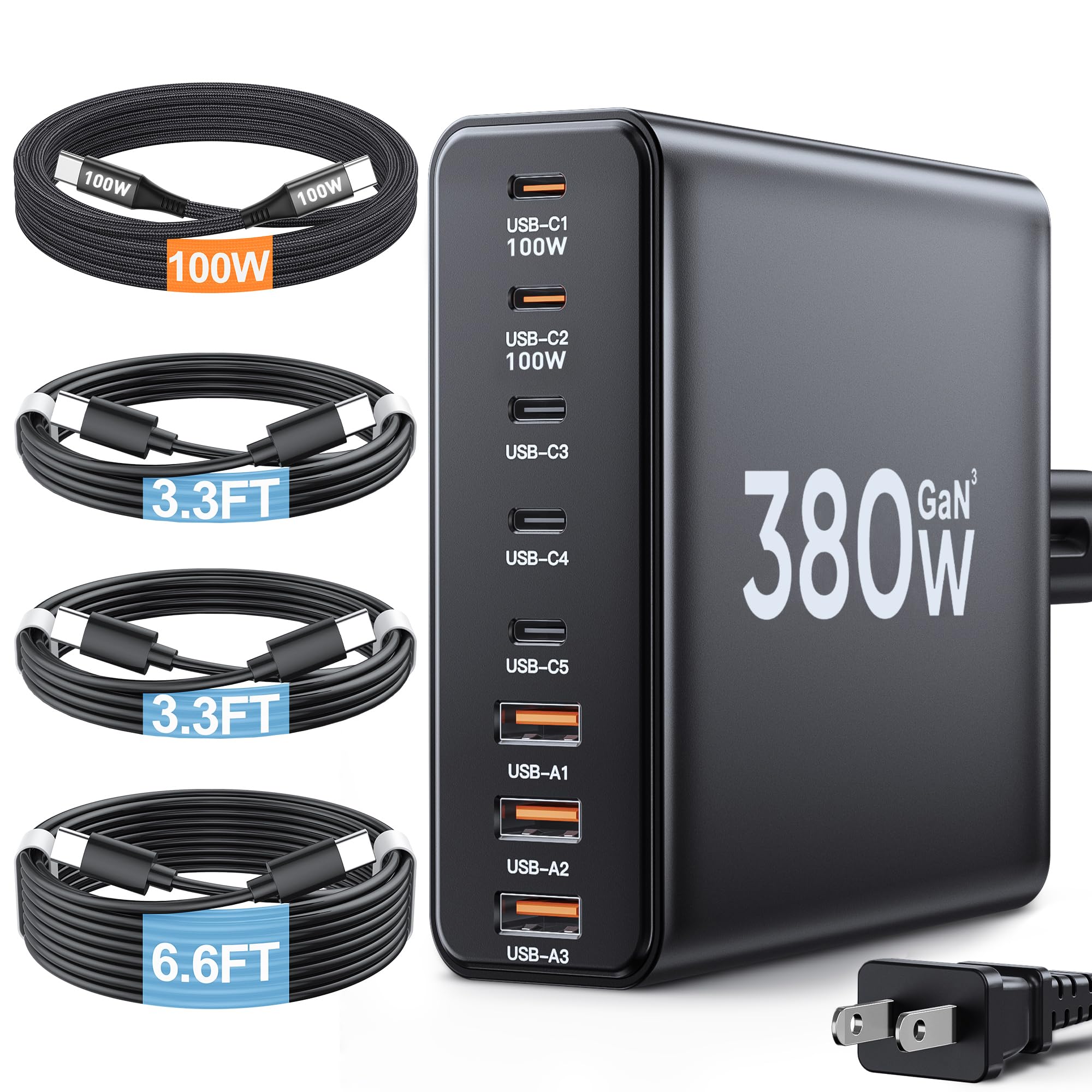 Blocco caricabatterie USB C da 280 W, stazione di ricarica USB a 8 porte GaN III PD 65 W adattatore per caricabatterie per laptop (nero brillante)