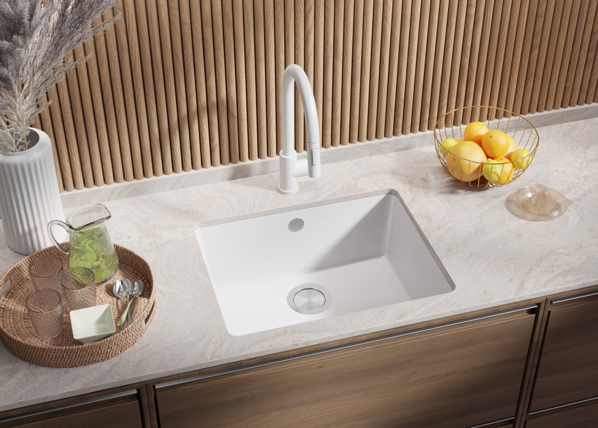 PRIMAGRAN Fregadero bajo Encimera Blanco 56x44cm, Cocina 1 Seno + Sifón, Granito al Mueble 60cm - Venecia Easy S062