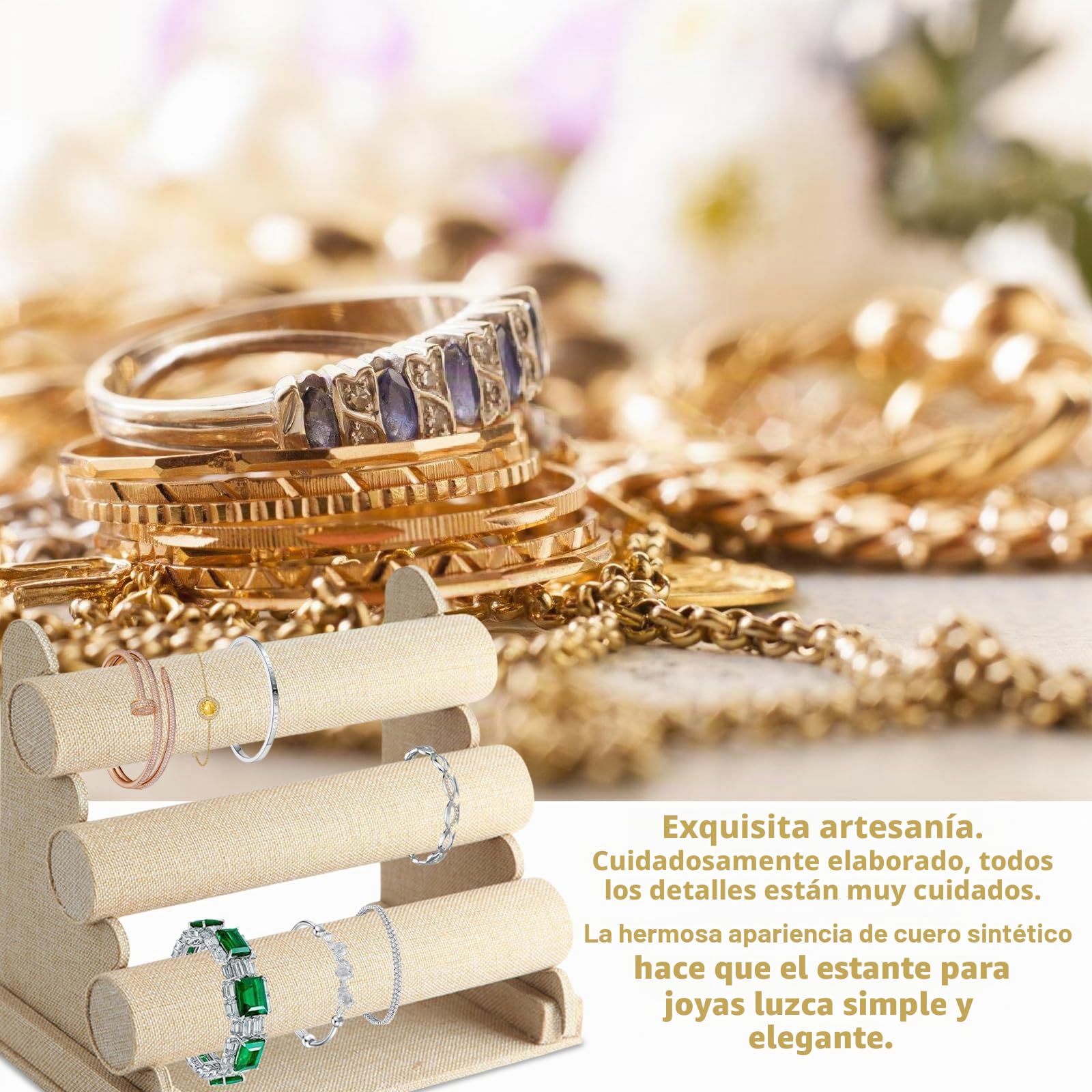 Expositor de Joyas Con 3 Niveles Extraíbles - Soporte de Terciopelo para Pulseras, Brazaletes, Relojes y Collares (Caqui)