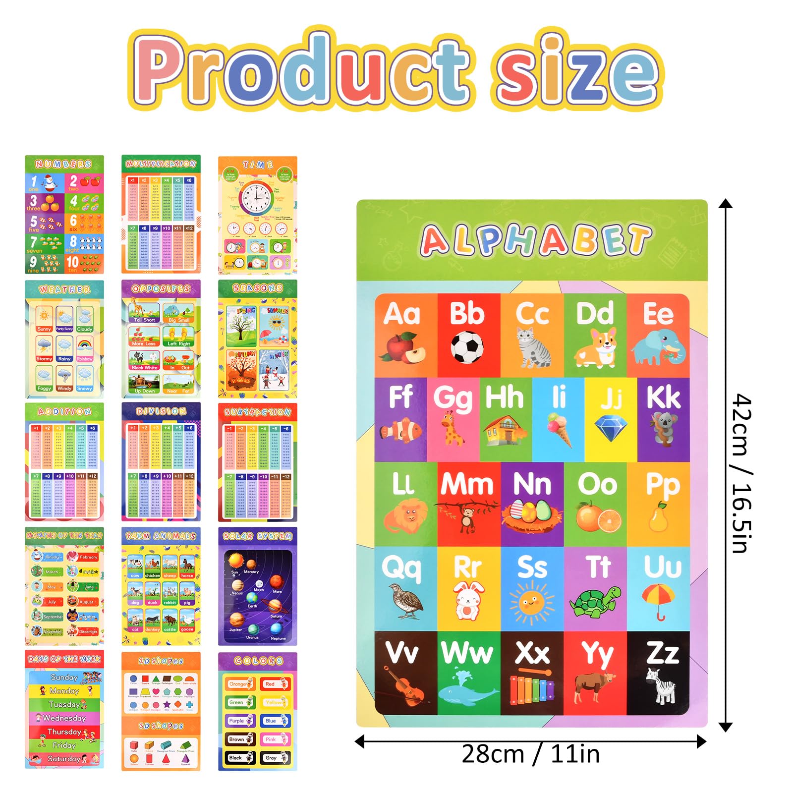 Xzeemo 16 Poster Educativi per Bambini 42x28cm, A3 Prescolastico, Educational Kids Numeri Alfabeto Matemática Tabelline, per Classe Scuola Materna Primaria