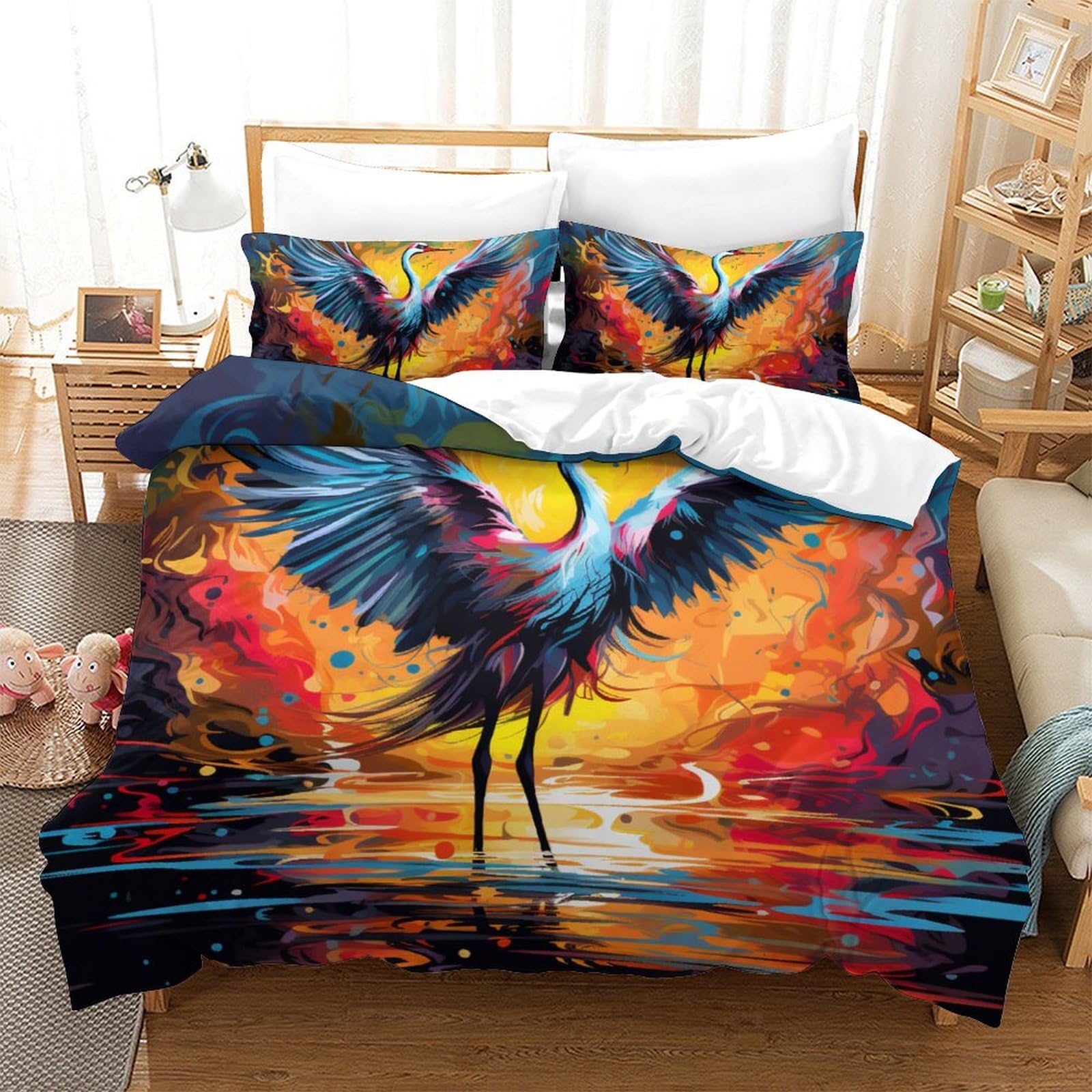 Housse de couette 200x200 grue à couronne rouge, parure de lit microfibre 3 pièces avec fermeture