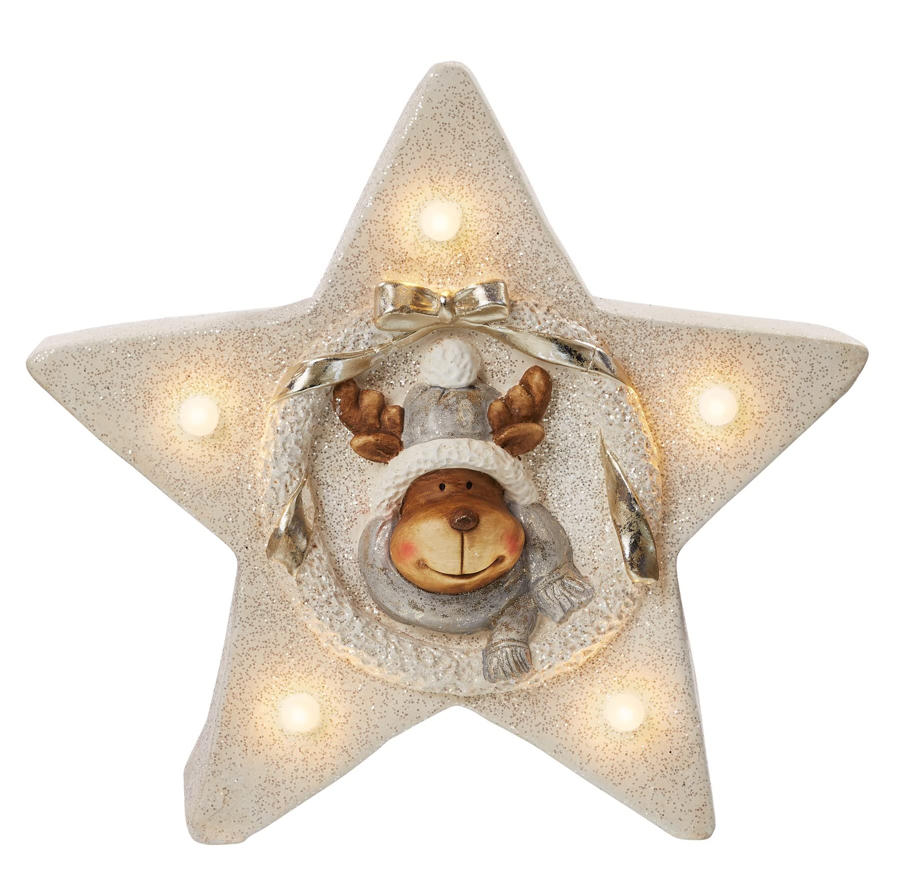 Hellum LED Dekofigur Stern mit Rentier, mit Timer, Weihnachten, warmweiß, batteriebetrieben (3xAA Nicht inkl.), 52x45x25cm, für Innen, Winter-Dekoration, 524048