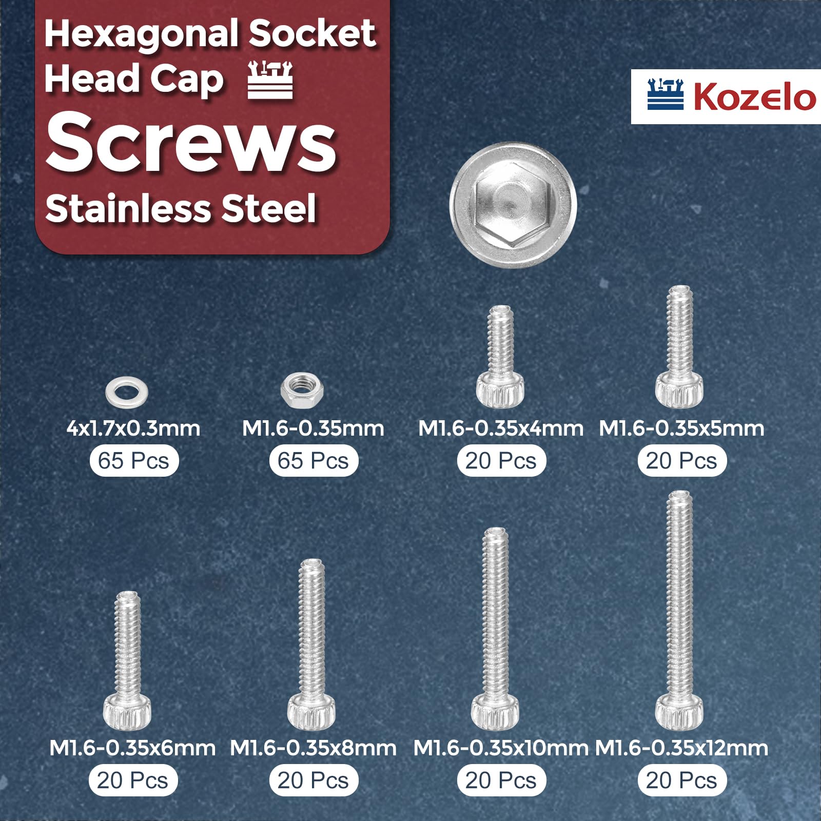 Kozelo 250pcs M1.6 Socket Head Cap Screws Bolts Nuts Assortment Kit - Image 2