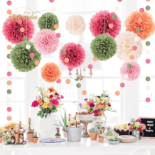 Miniatura 4 de NICROLANDEE Decoraciones de fiesta de boda  15 pompones de papel de seda rosa, verde salvia, marfil para decoración de cumpleaños, cumpleaños, baby