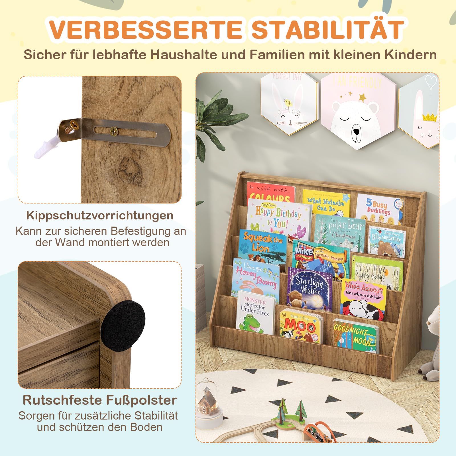 GOPLUS Dziecięca półka na książki, 5-poziomowa półka dziecięca z głębokimi szufladzkami, półka Montessori na książki dziecięce, stojak na gazety, półka do przechowywania, półka dziecięca do salonu