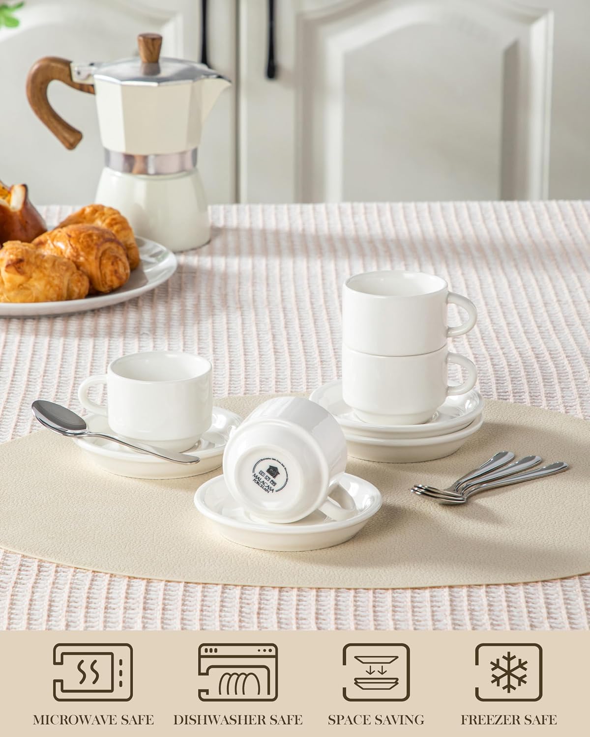 MALACASA Porcelain Espresso Cups Set of 4, with Saucers and Metal Stand, 2.5 Ounce Stackable Cappuccino Cups, Expresso Shots Cup Ceramic Demitasse Mugs, White with Spoon