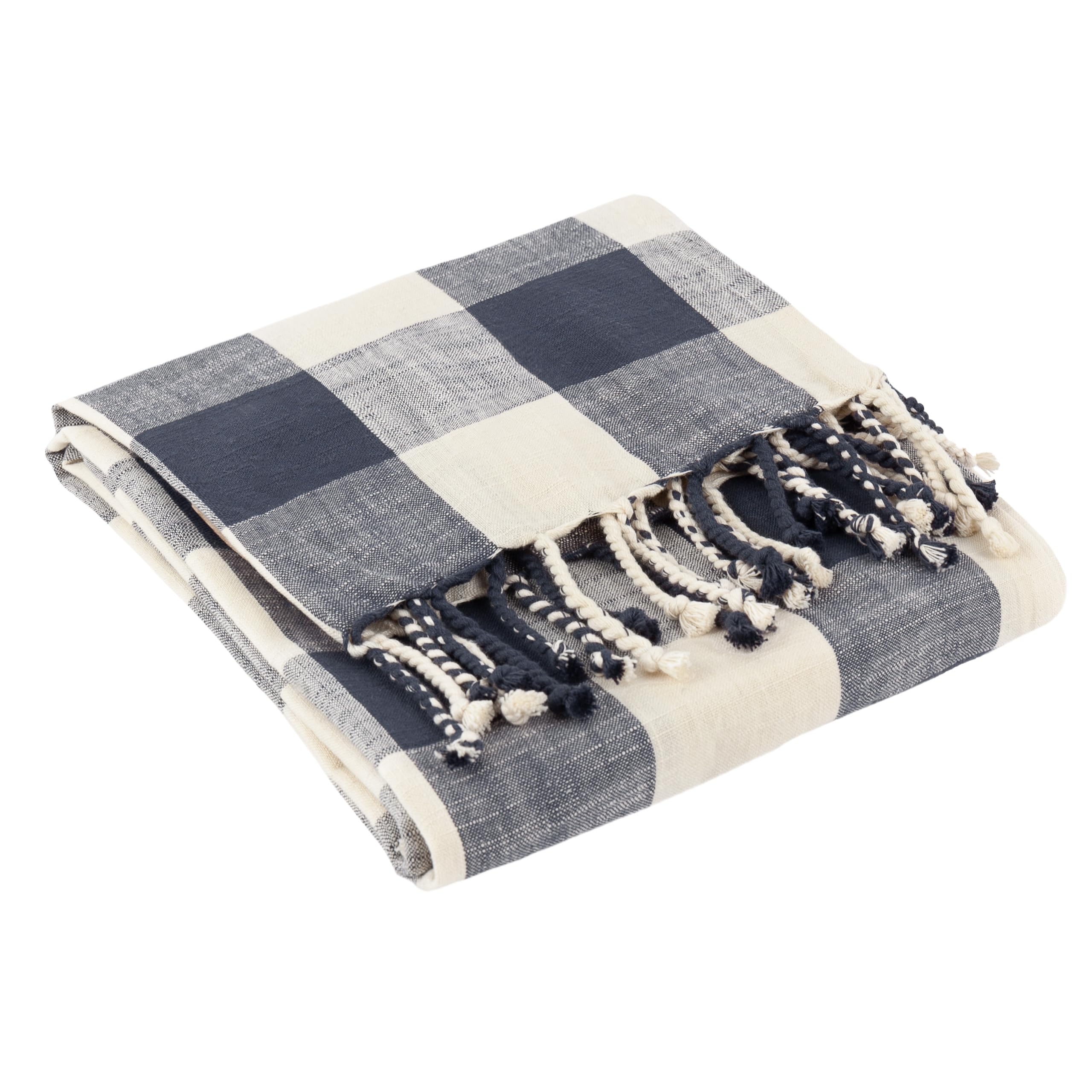 Yard Chesil Blue Check Tasselled Cotton Throw