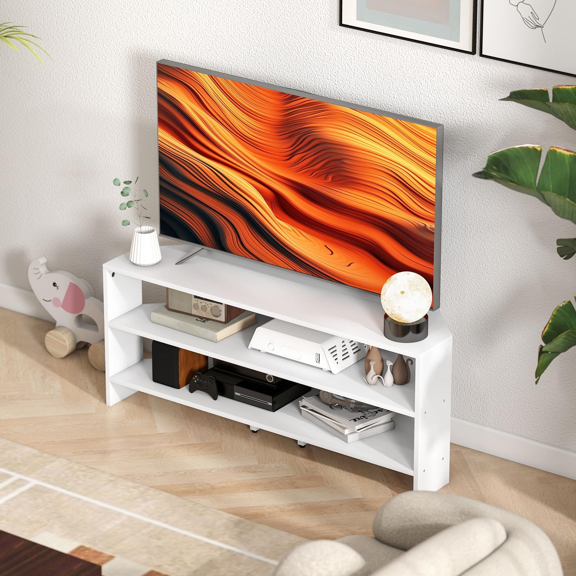 HOMCOM Mobile TV ad Angolo 47" max con 2 Ripiani Aperti, Mobile porta TV Moderno in Truciolato, per Camera da Letto e Soggiorno, 110x36x45 cm, Bianco
