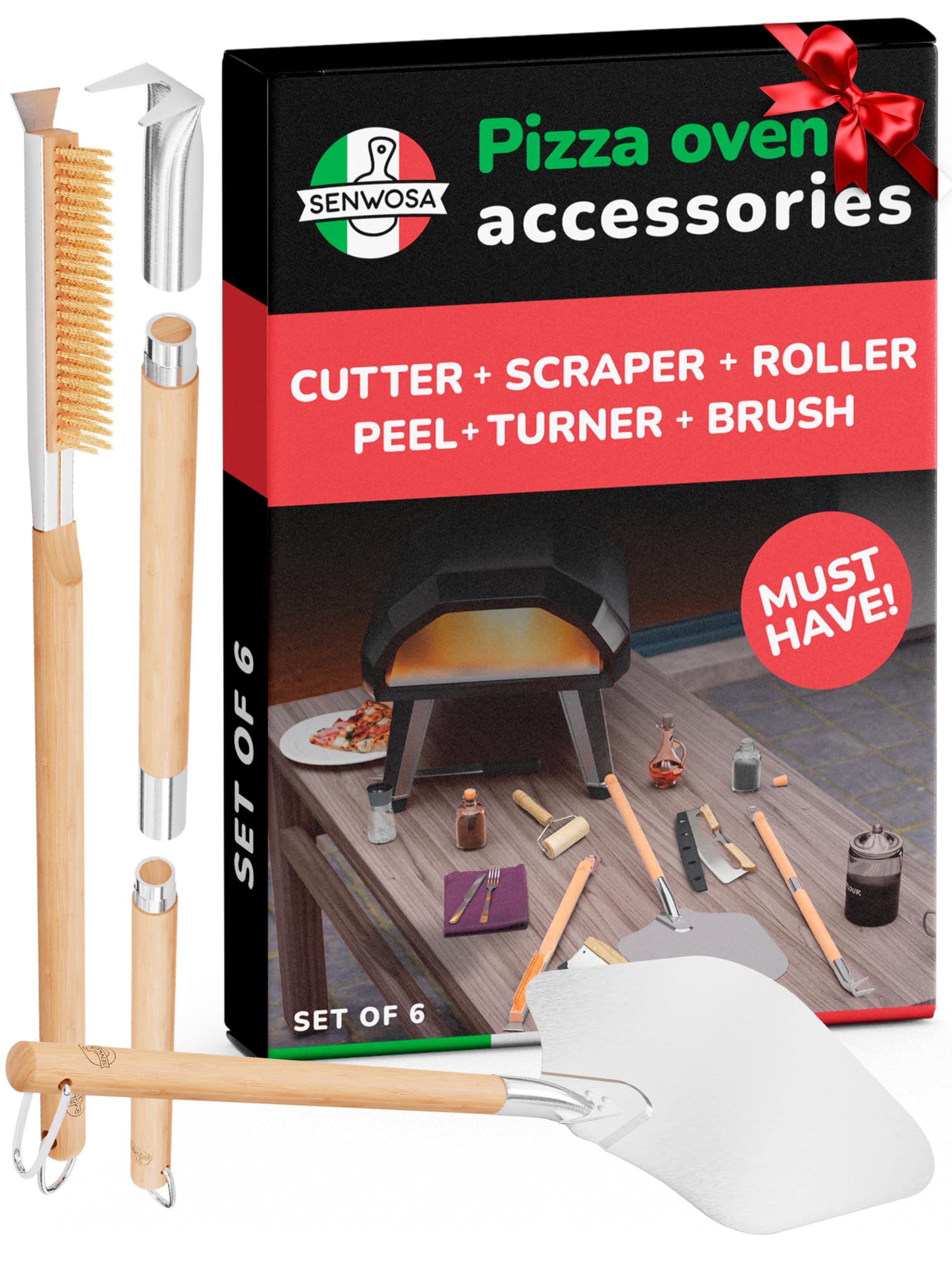 Pizza Oven Accessories Set - 3 Piece Pizza Making Kit with Pizza Peel, Turner & Stone Brush with Scraper, Bubble Popper - Tools for Indoor Outdoor Brick Wood Gas Ovens