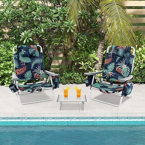 Miniatura 8 de GYMAX Sillas de playa, mochila de camping con reposabrazos, bolsa refrigeradora, portavasos, barra de toalla y bolsillos laterales, silla de