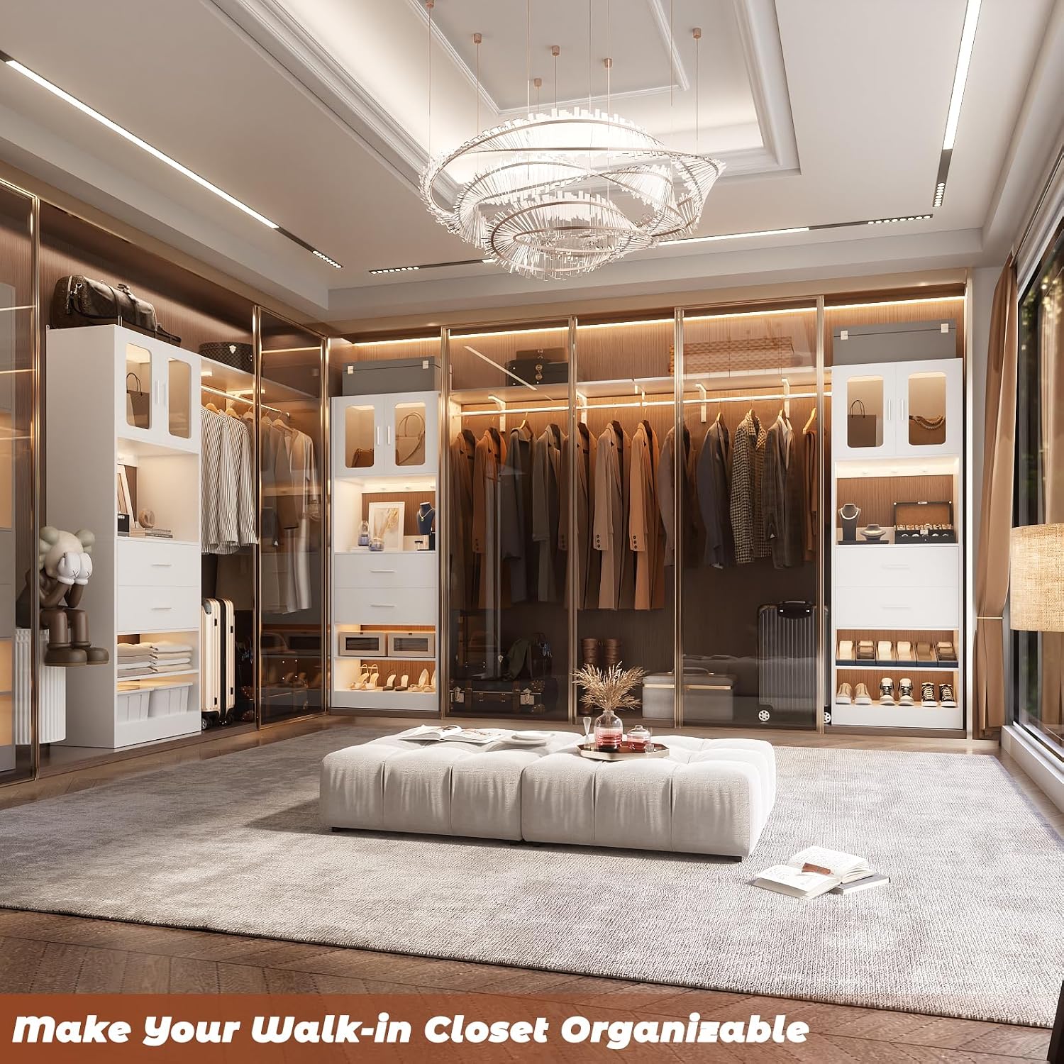 60" Wide x 80" Tall Closet System with Doors and Wooden Drawers, 5FT Adjustable Closet Organizer System for Walk-in Closet, Freestanding Wardrobe Organizers and Storage with Shelves & Hooks, White