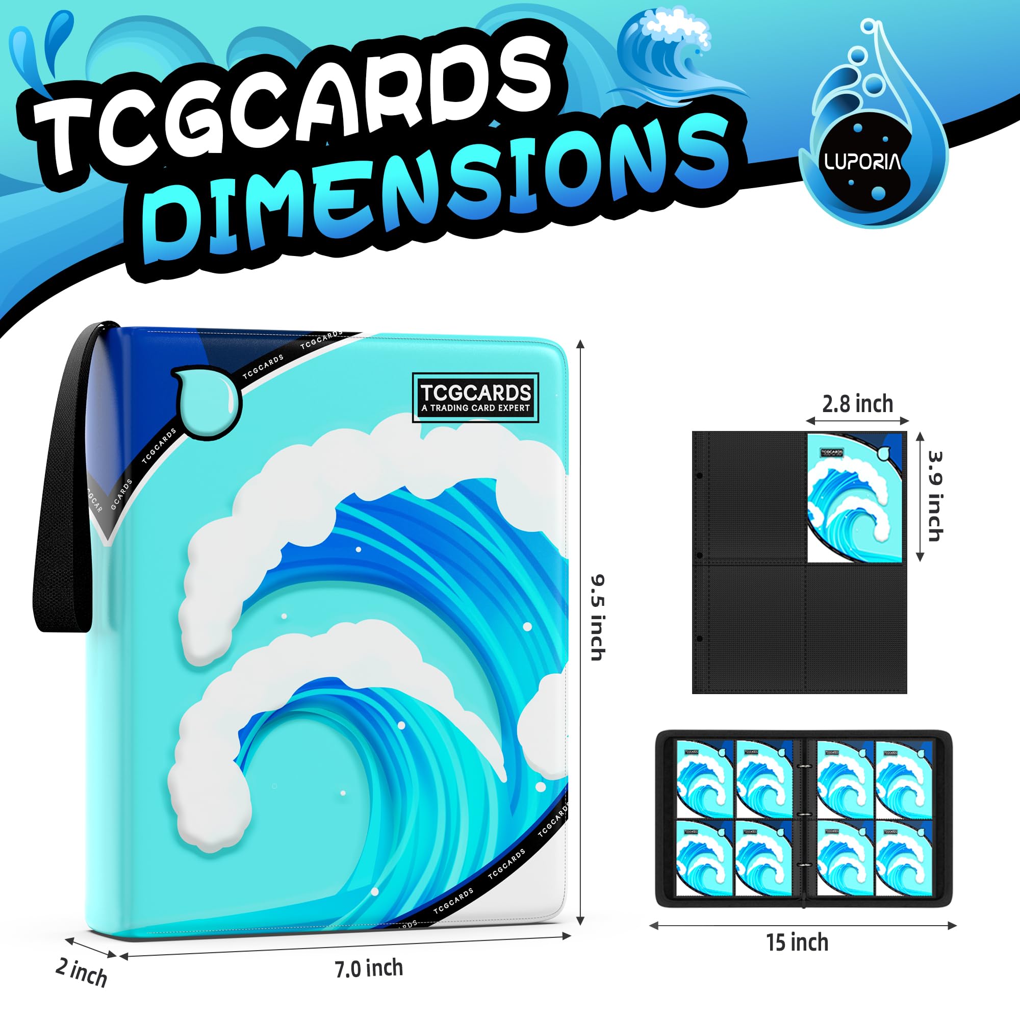 Sammelkartenbinder mit 4 Taschen, 400 Taschen, Sammelmappe mit 50 abnehmbaren Hüllen, wasserdichtes PU-Oberkartenbuch, 3-Ring-Reißverschluss, Sammelkartenalbum für MTG/TCG/Kartenhalter, Geschenk