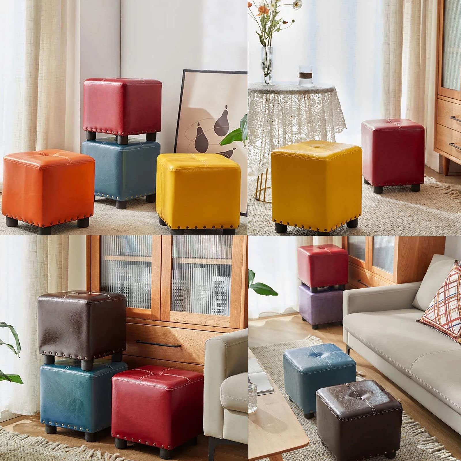 Amazon.co.jp: レザーキューブプーフオットマン,無垢材フットスツール