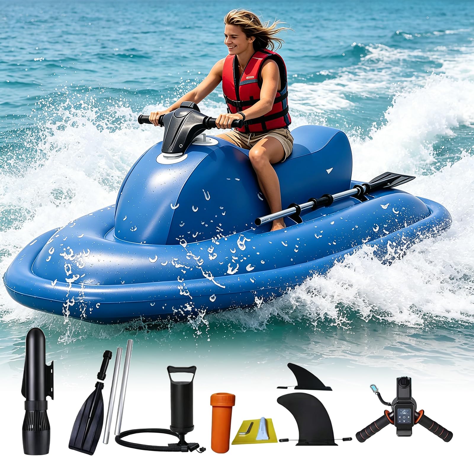 Tdsyocg Motorboat + 500W 10A Thruster Electric Underwater Scooter Jet Ski | 2-Person Inflatable Jet Boat | Inflatable Jet Ski With 500W/700W Scooter & Paddle | 10000Mah/16000 Mah Battery | 150Kg Load Capacity | For Water Sports