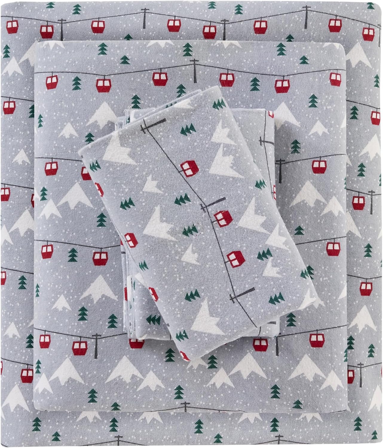 Woolrich Cotton Sheet Set Cottage Charms Print, 100% Cotton Flannel Sheets Warm & Fuzzy Bedding Set Queen Size Sheets, Fitted Pocket Fits Up to 14" Mattress, Queen Grey Ski Jump 4 Piece