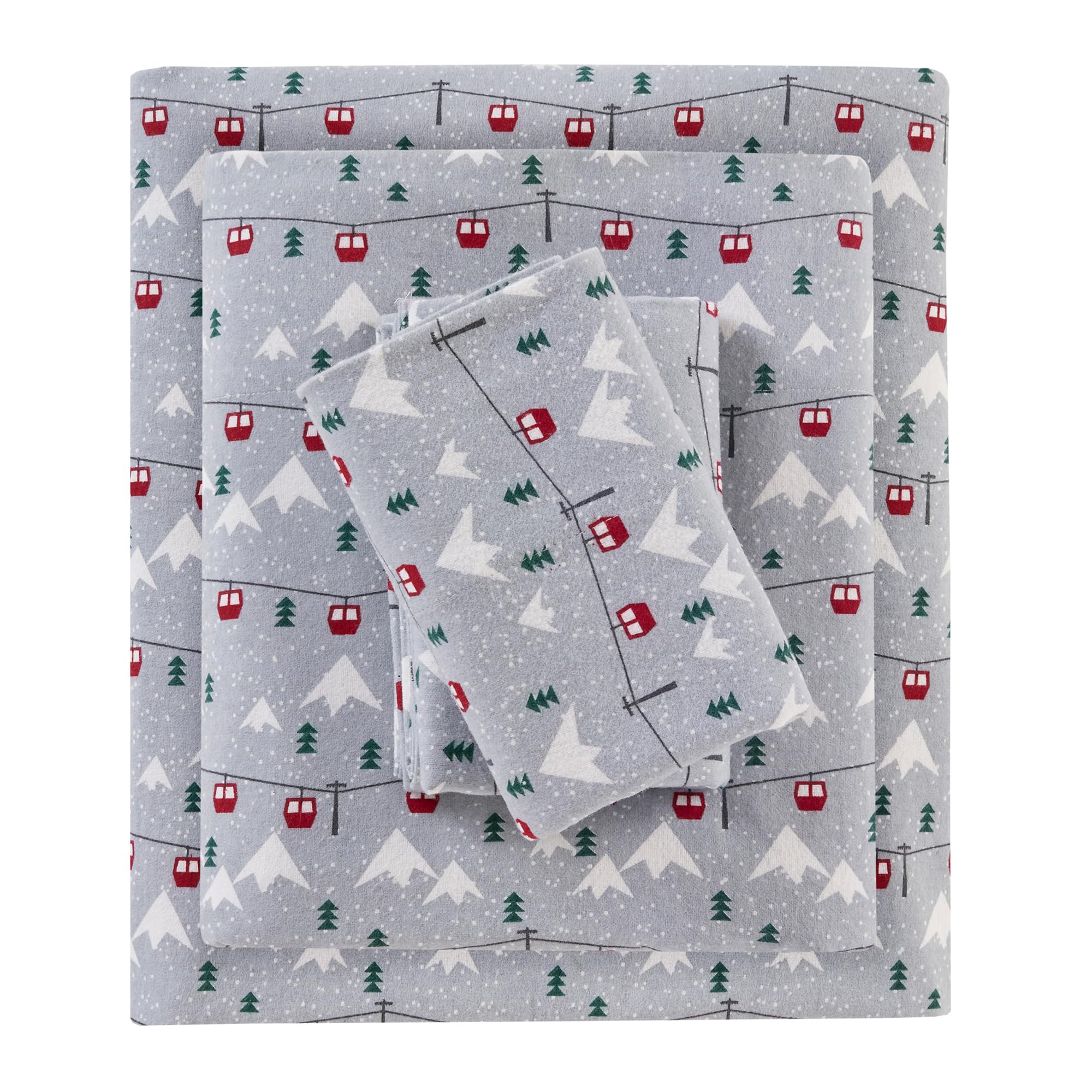 Woolrich Cotton Sheet Set Cottage Charms Print, 100% Cotton Flannel Sheets Warm & Fuzzy Bedding Set King Size Sheets, Fitted Pocket Fits Up to 14" Mattress, King Grey Ski Jump 4 Piece