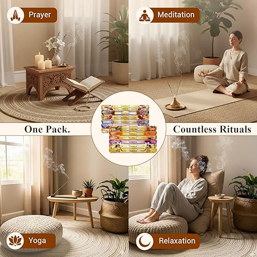 Miniatura 5 de Tulasi Paquete de 12 varillas de incienso, aroma natural (240 varillas), variedad de fragancias de coco, salvia blanca, rosa roja, Palo Santo,