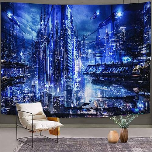 Miniatura 1 de Aidatain GTDWAT264 - Tapiz de ciudad punk con paisaje urbano azul neón, tapiz de pared de calle, grande, 90 pulgadas de largo x 84 pulgadas de