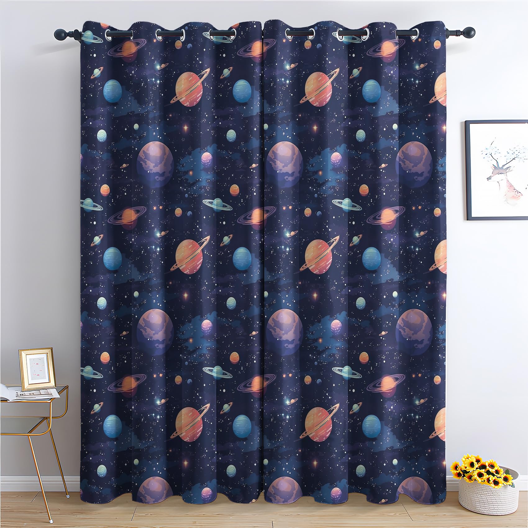 Space Curtains for Bedroom Living Room - Kids Planet Universe Blackout Curtains 52 x 84 Inch (Width x Drop), Thermal Insulated Eyelet Curtains & Drapes, Decorative Patterned Window Treatments A-#186