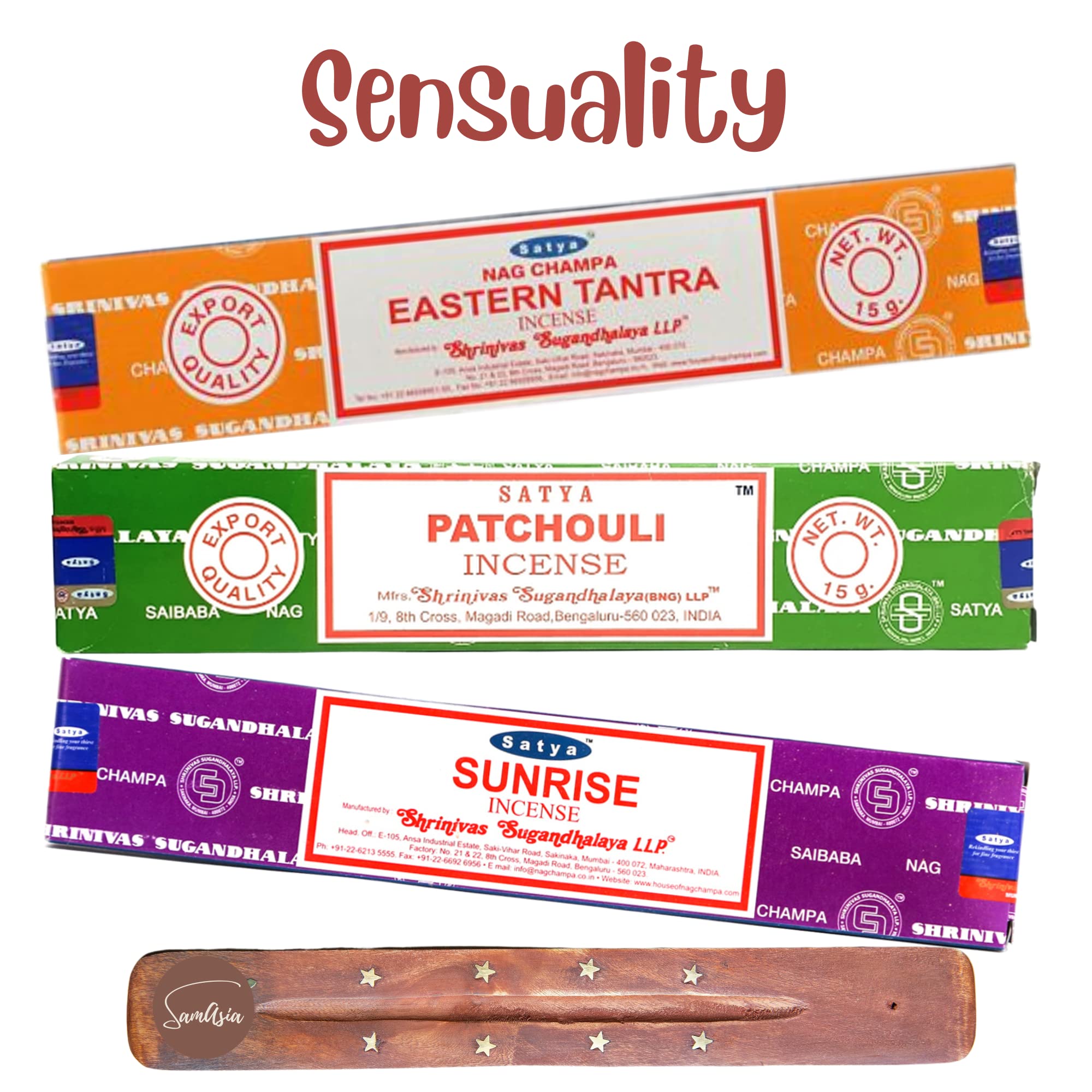 Samasia Satya Nag Champa Eastern Tantra, Patchouli And Sunrise Incense Sticks | X3 Pack | With Incense Sticks Holder | Burn For Sensuality