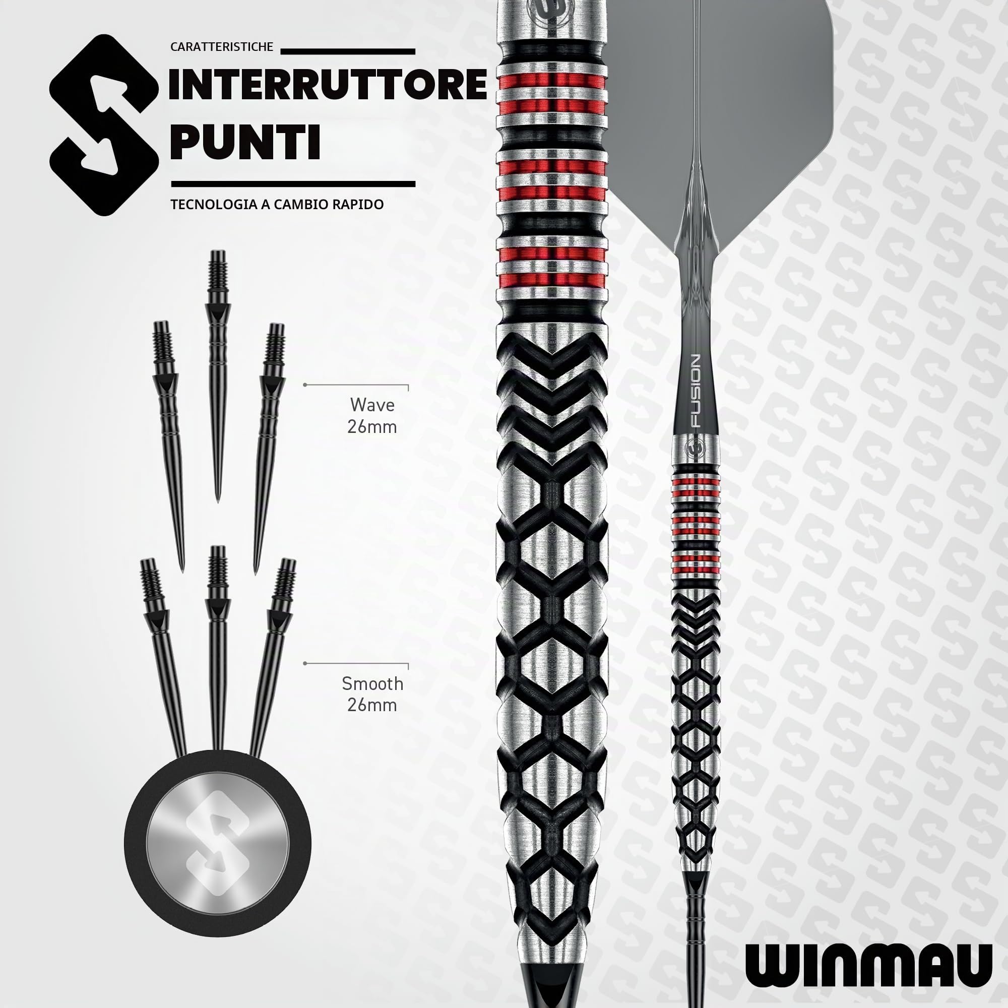 WINMAU Darts-Fornax – Set di freccette professionali al 90% in tungsteno, tecnologia Switch Point, fusti paralleli neri e rossi, 2 punti intercambiabili (onda e liscia), sistema di cambio rapido |