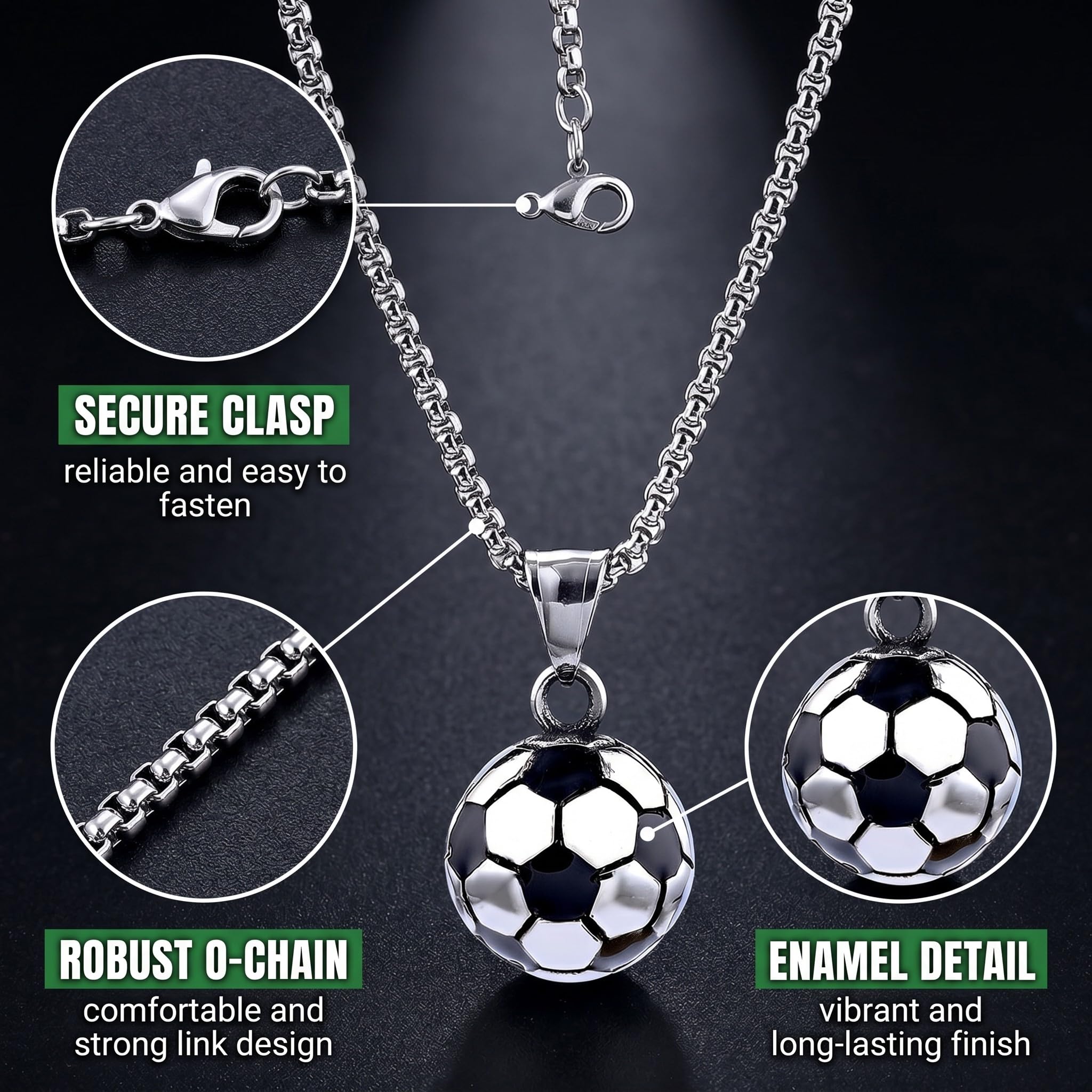 1 Collar de fútbol en acero inoxidable, colgante de balón para niños y adultos, plateado