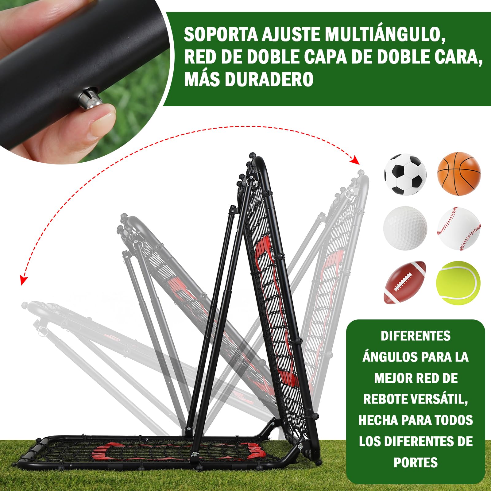Red de Rebote Fútbol Plegable, Malla de PE de Doble Capa, Ángulo Ajustable