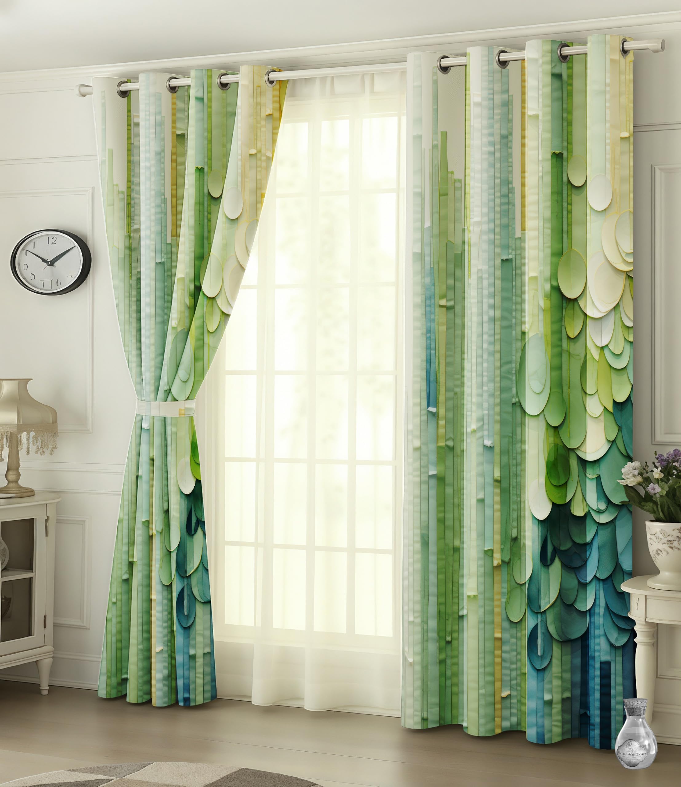 Ultimate Trends Digital Printed Blackout Curtains,Diamonds Eyelets Tie Back for Window Room Doors, Heavy Quality Fabric Set of 2, 8 FEET, Green Cascade