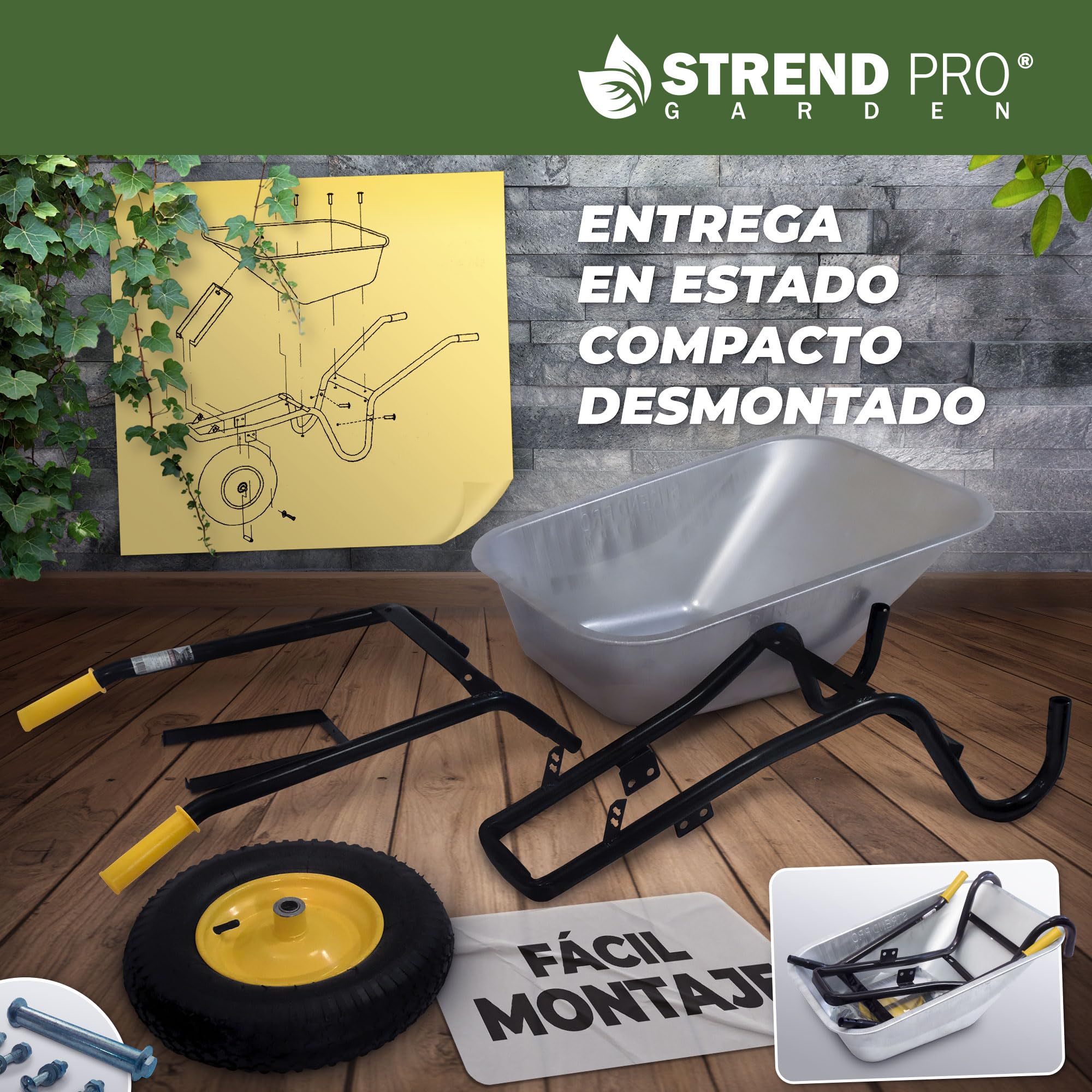 Carretilla con ruedas neumáticas, 85 L, 250 kg, carretilla de construcción, ligera y práctica, carretilla grande, carretilla de mano, carretilla de jardín, carretilla de transporte