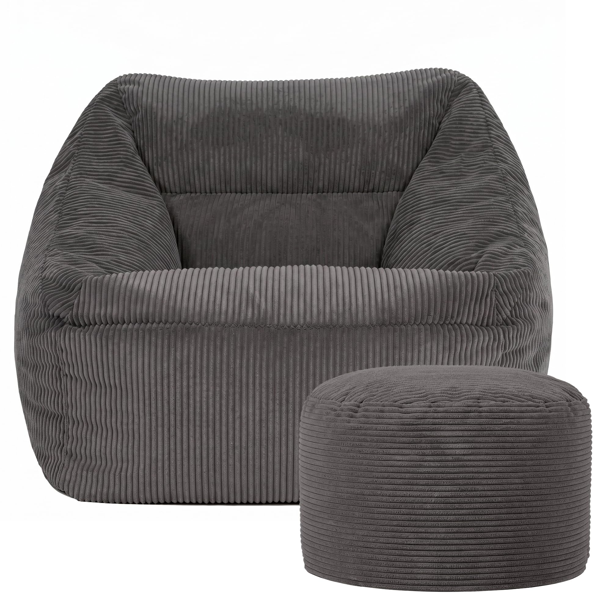 icon Natalia Cord Bean Bag Chair with Pouffe, Charcoal Grey, Large Adult Bean Bag with Filling Included, Comfy Chair, Armchair, Living Room, Bedroom Furniture