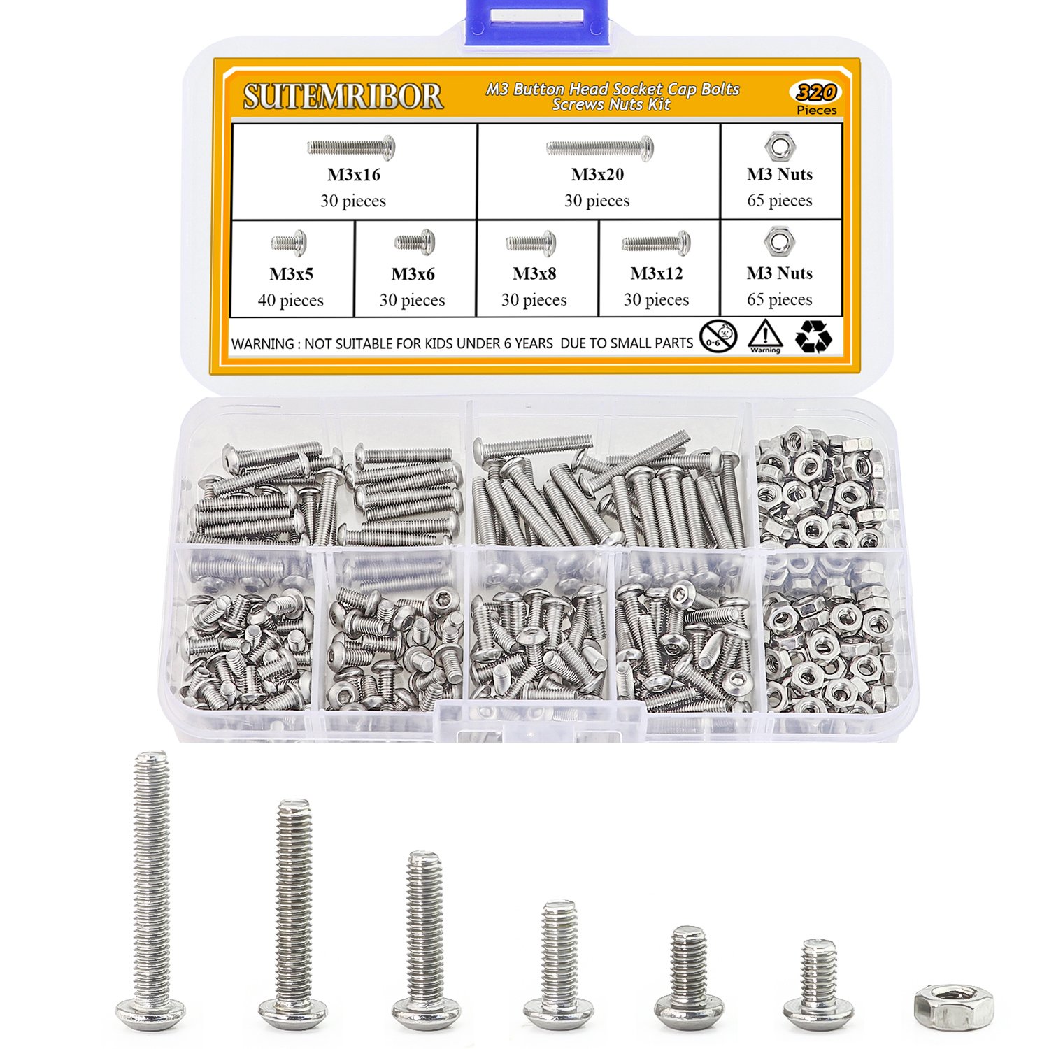 Sutemribor 320 Pieces M3 Stainless Steel Button Head Hex Socket Head Cap Bolts Screws Nuts Assortment Kit + Wrench
