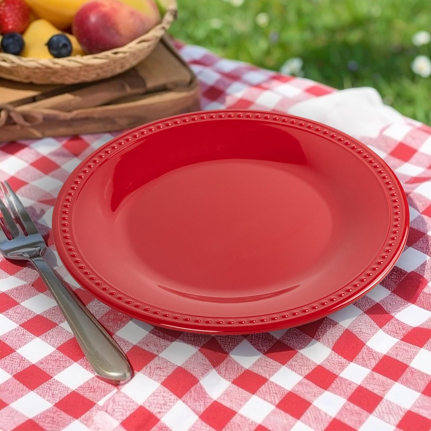 8.5 inch Red Melamine Plastic Beaded Salad Plate Set of 6, BPA Free, Chip & Break Resistant, Lightweight, Great for Dining, Weddings & Everyday Meals