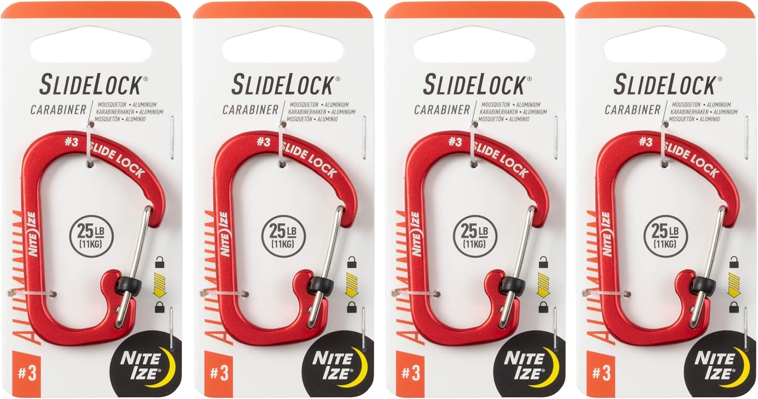 Nite Ize Aluminum SlideLock Carabiner - Daily Use & Lightweight Carabiner - Compact Aluminum Carabiner with Lock - Versatile Rectangular Carabiner - Size 3, Red (4 Pack)