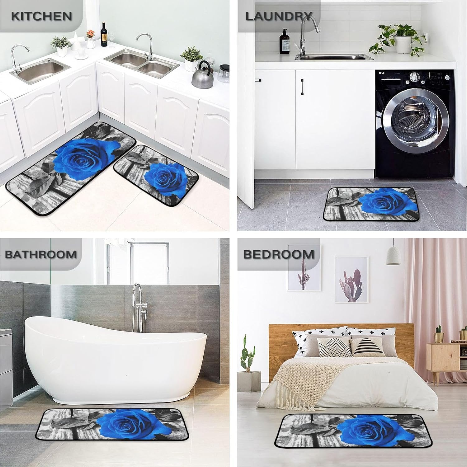 Kitchen Mats for Floor, Set of 2, Blue Rose Board Washable Non Slip Kitchen Rugs for Kitchen Decor, Sink, Office 19.7” x 27.6” + 19.7” + 47.2”