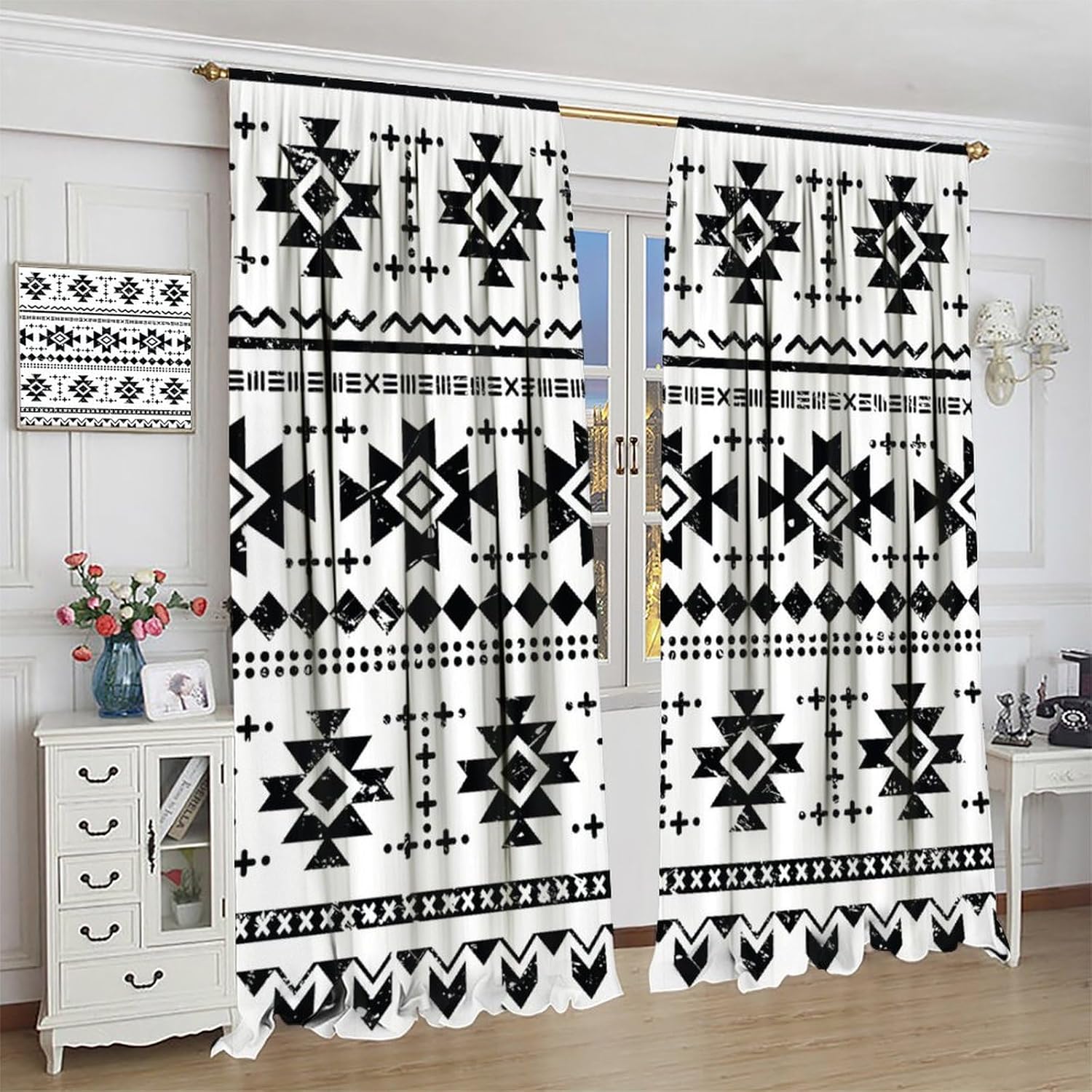 Southwestern Blackout Curtains Vintage Black White Rustic Style Aztec Western Tribal Navajo Native Art Print for Bedroom Living Room Decor Rod Pocket Window Drape 42x45in
