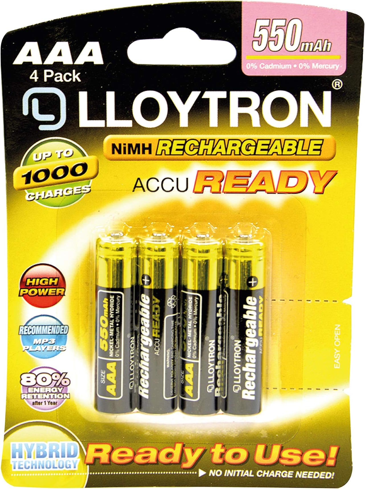 NiMH Rechargeable AccuReady Batteries / AAA Size / 550mAh / Ready to Use/ 4 Pack - B008