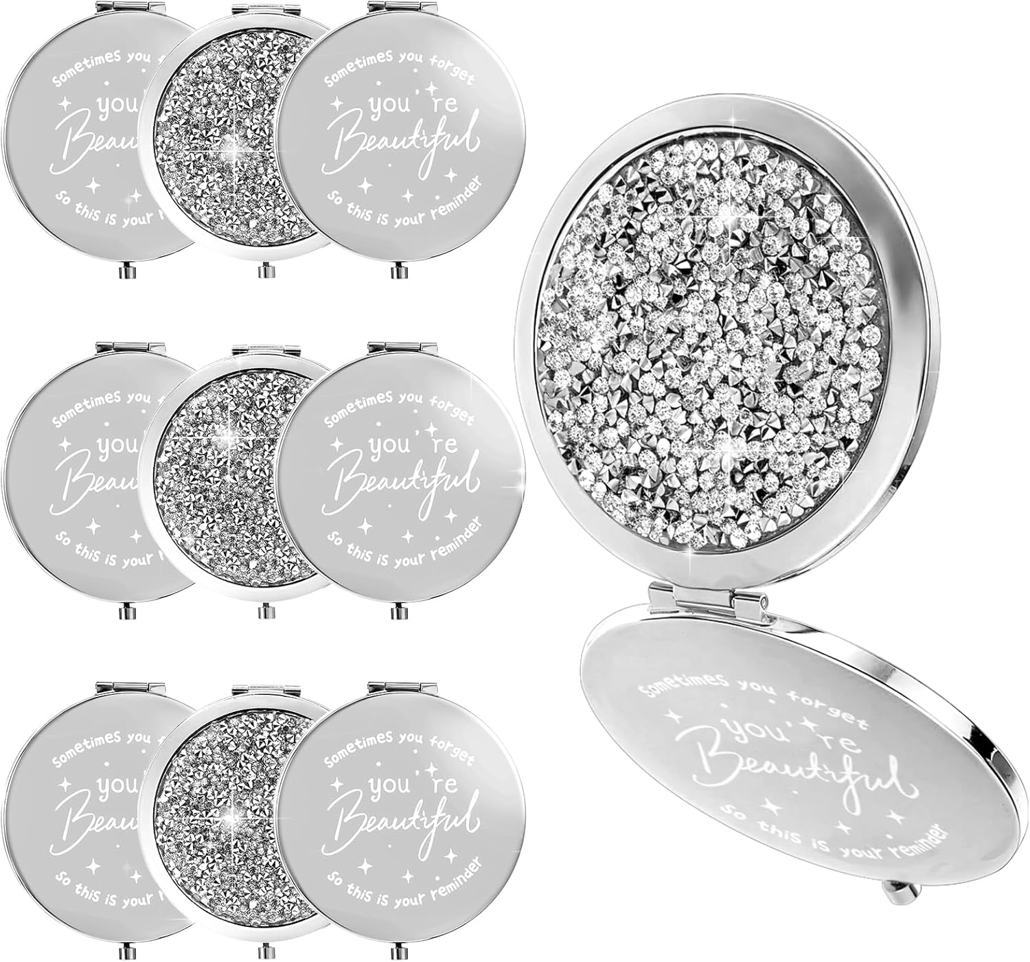10Pcs Small Rhinestone Compact Mirror, 1x/2x Magnifying Double Sided Pocket Mirror 2.75 Inch Metal Rhinestone Compact Mirrors Bulk, Inspirational Appreciation Gifts for Women Girls Silver