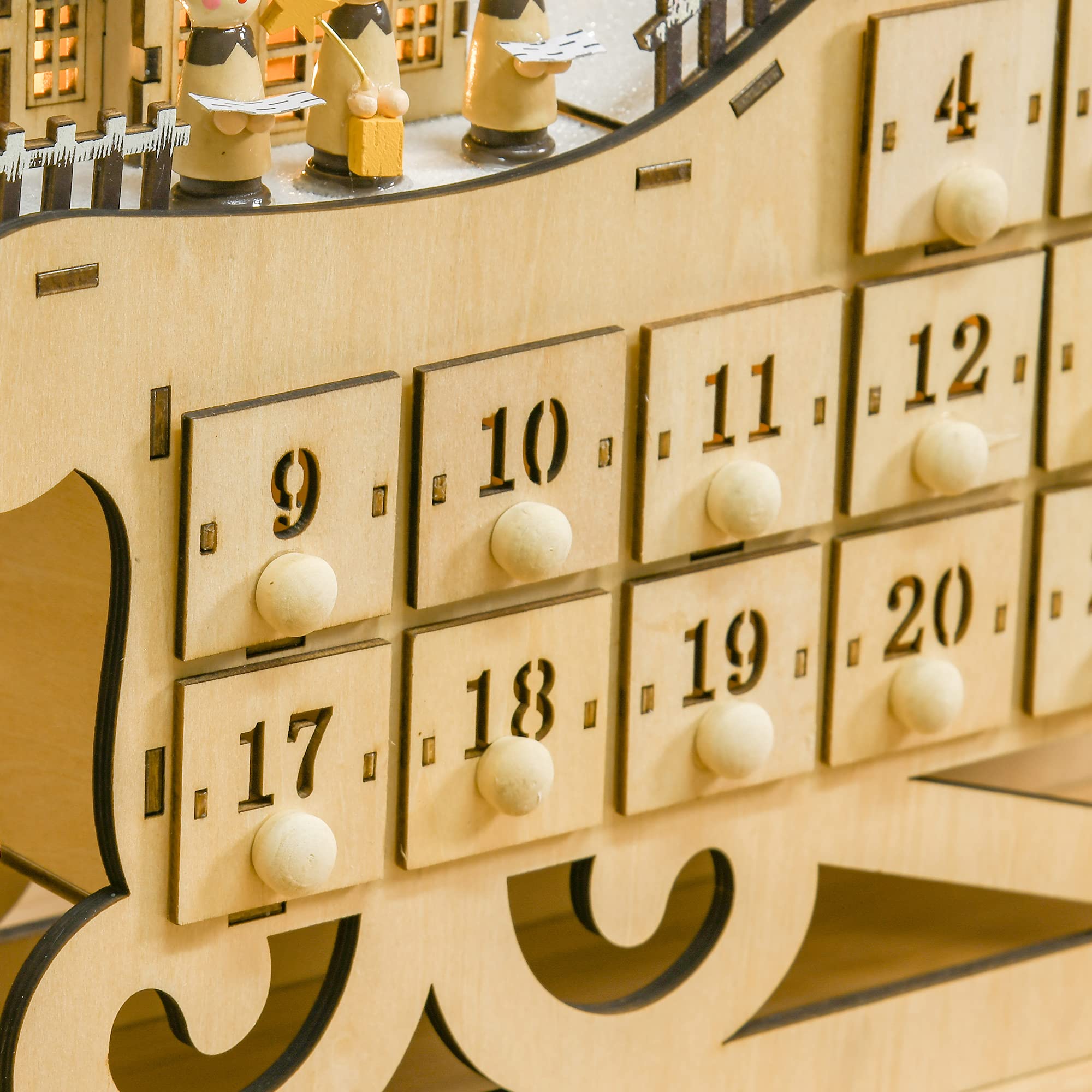HOMCOM Calendrier de l'avent en bois Lumineux Frome de traineau - 10 lumières Blanc Chaud - 24 tiroirs - décoration Lumineuse de Noël
