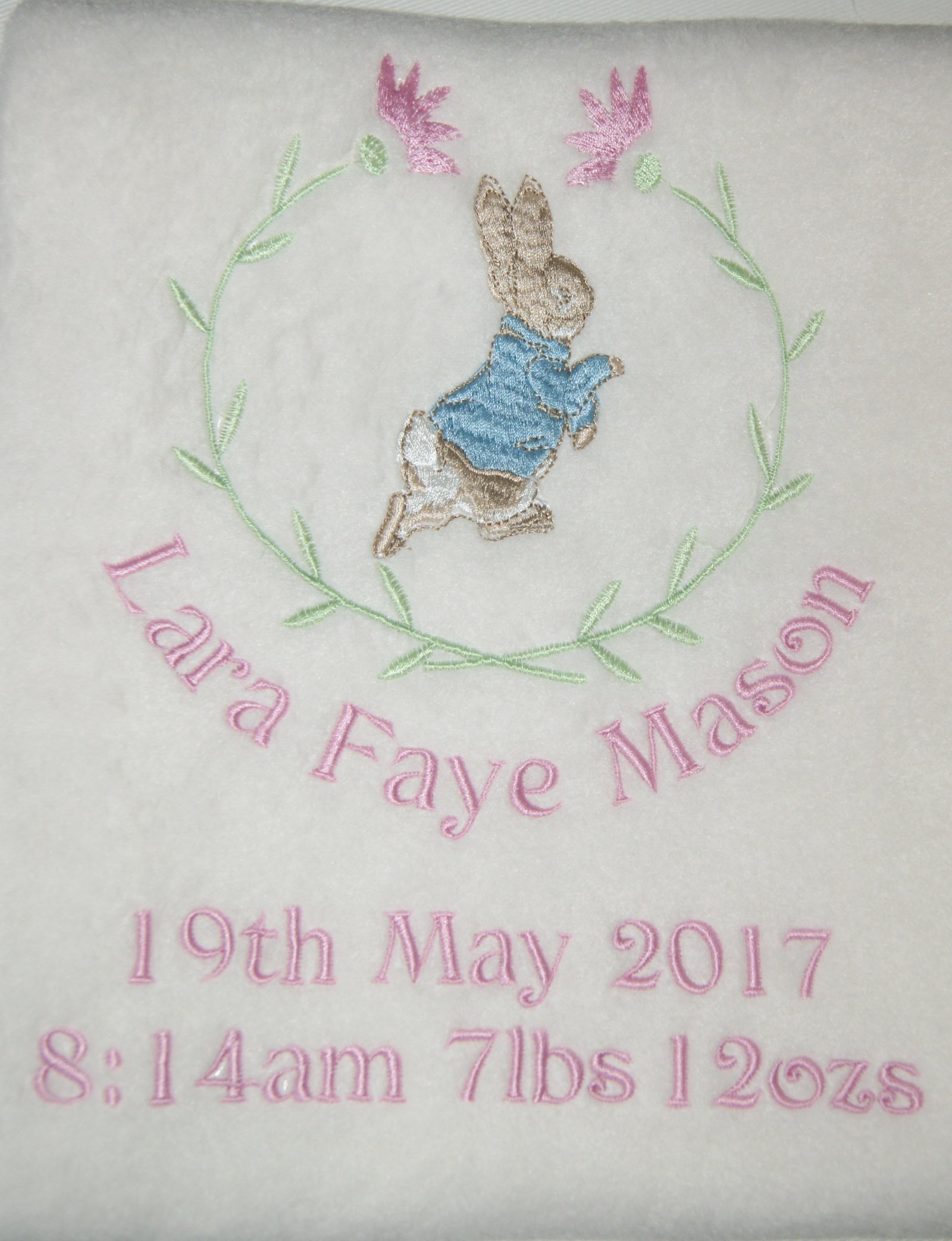 Girl’s Personalised Little Rabbit Super Soft Fleece Birth Blanket. (White)