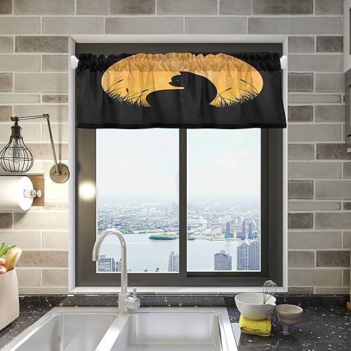 Cortina de cocina de Halloween con diseño de gato para ventanas, 1 panel, semitransparente corta con bolsillo para barra, cenefas para baño, sala de