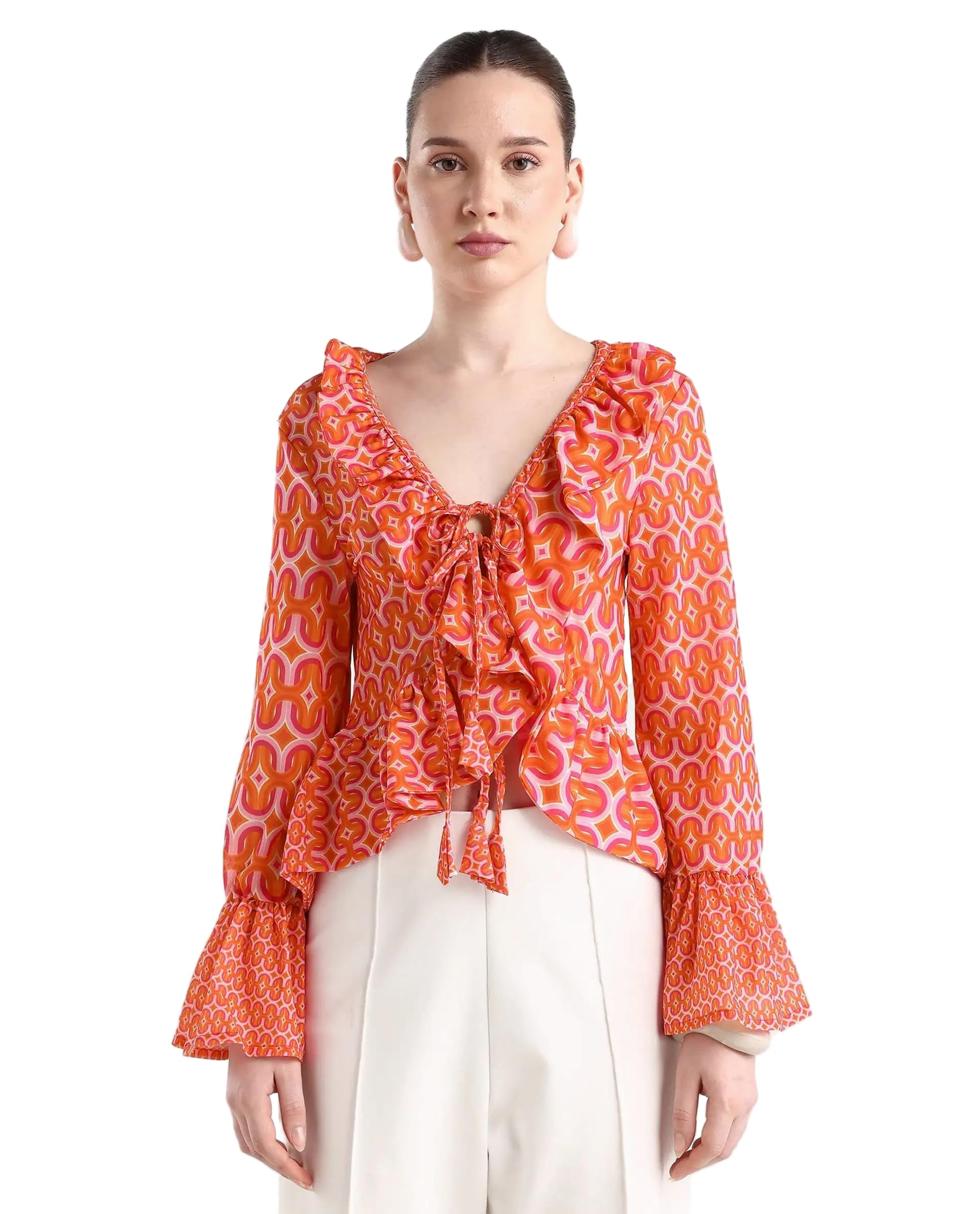 rareism Regular Cropped Geometric Orange Cotton Bell Sleeve Shrug-picture-10