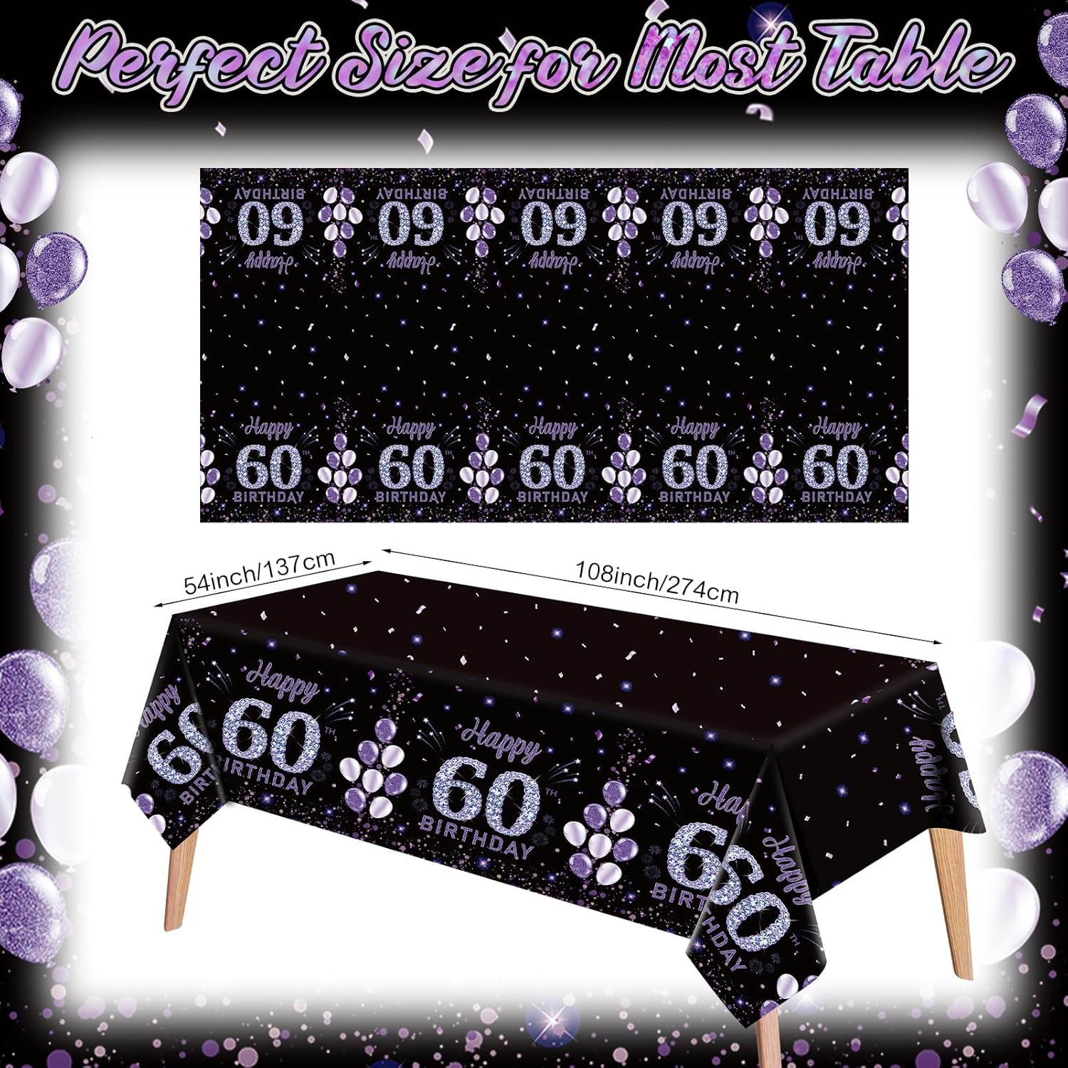 Ganeen 3 Pack 60th Birthday Tablecloth Purple Black Happy 60th Birthday Decorations Disposable Plastic Rectangular Table Cover for Party Supplies Women Men, 108 x 54 Inch
