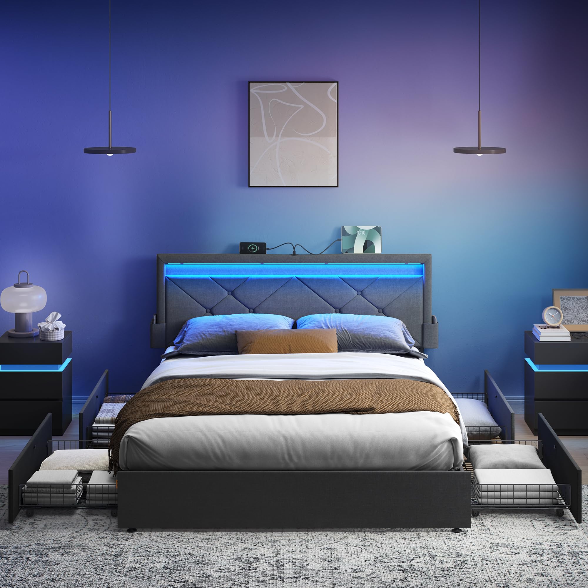 VASAGLE Struttura per letto matrimoniale, Struttura per letto, 160 x 200 cm, LED, Letto in metallo, 4 cassetti, Stazione di ricarica, Testiera imbottita regolabile, Grigio ardesia-Nero opaco RMB828G02