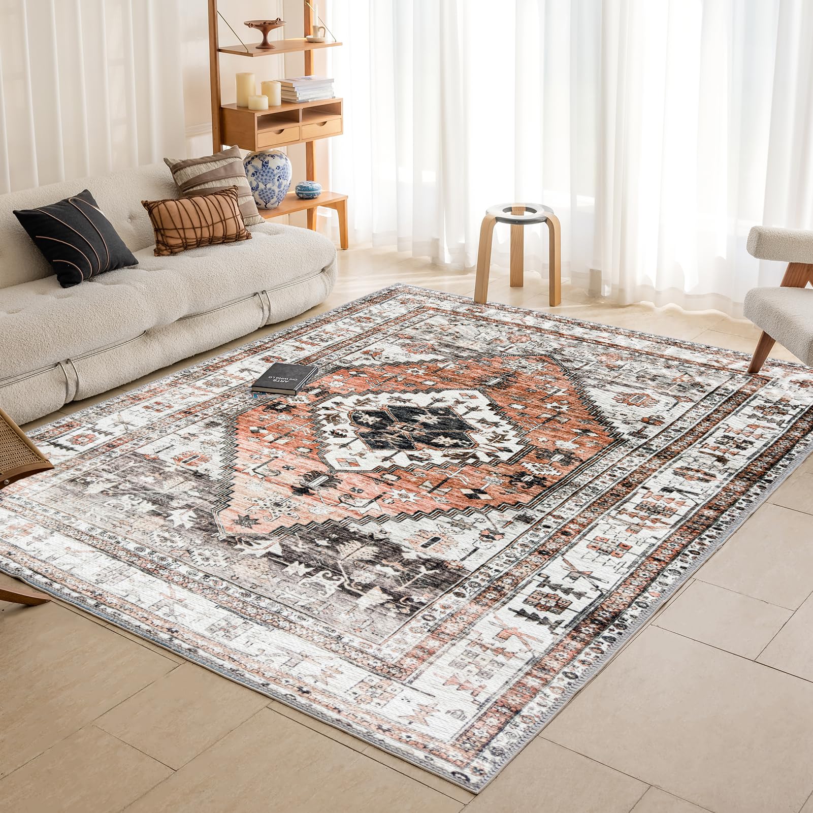 OMERAI Large Rugs for Living Room Machine Washable Rug for Bedroom 160x230cm Non-Slip Soft Faux Short Pile Carpet Vintage Boho Area Rugs for Kitchen, Dining Room, Brick