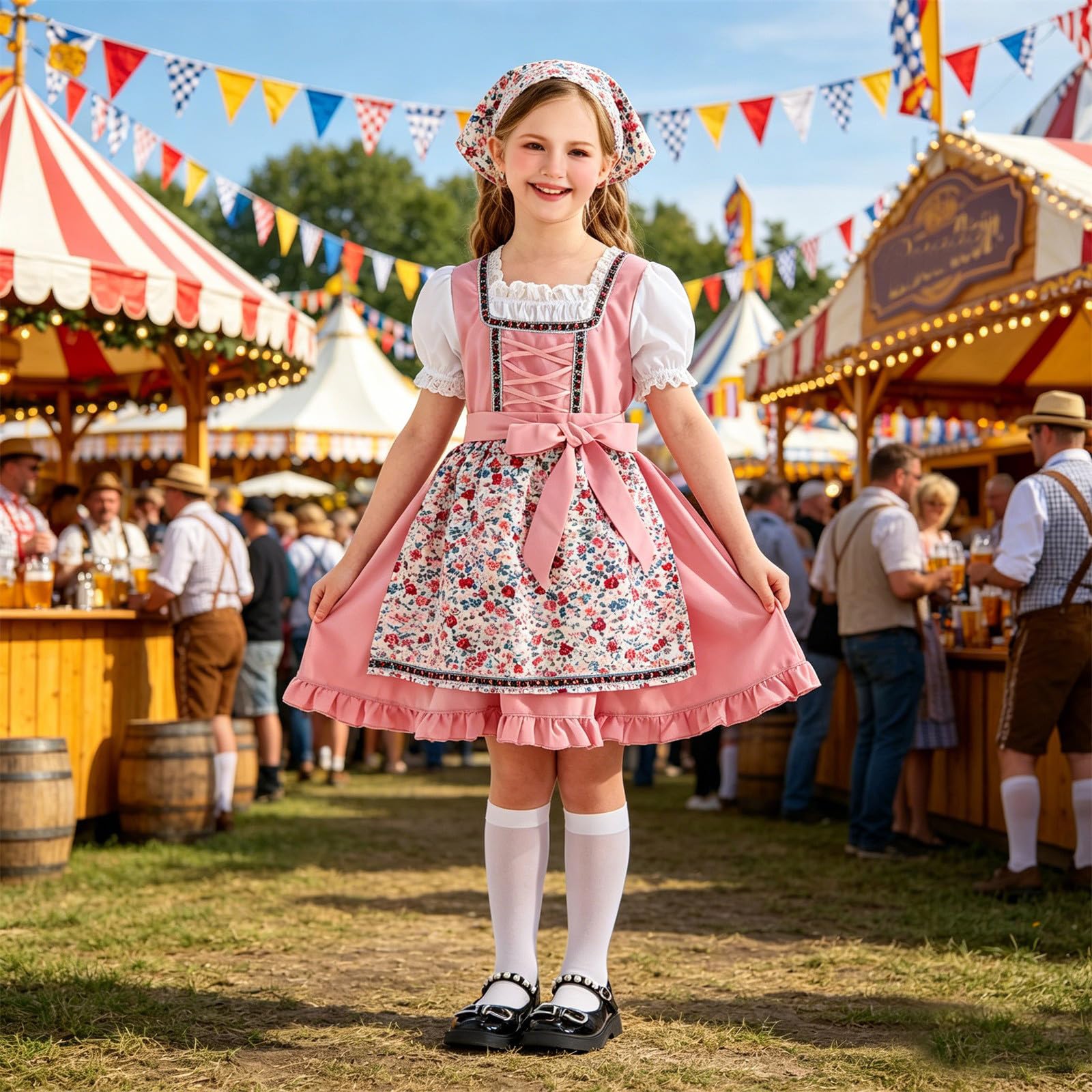 Generisch Elegancka europejska sukienka fartucha do cosplay, długość do ziemi z białą koronką i kieszeniami
