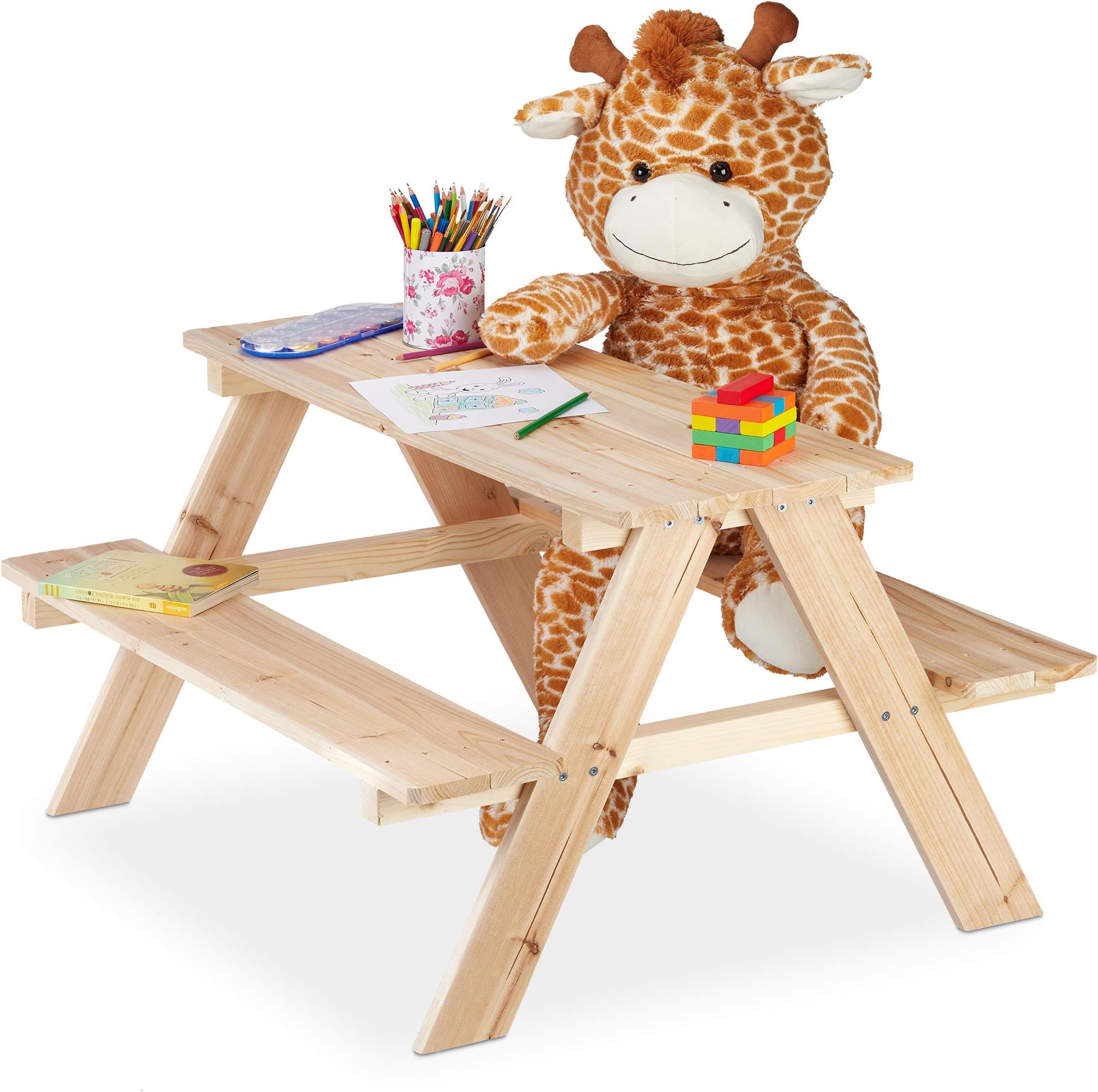 Relaxdays Kids Wooden Picnic Table Set, Garden Seating & Eating, Outdoor Lawn & Patio Children’s Furniture, HxWxD: 50 x 90 x 78 cm, Natural