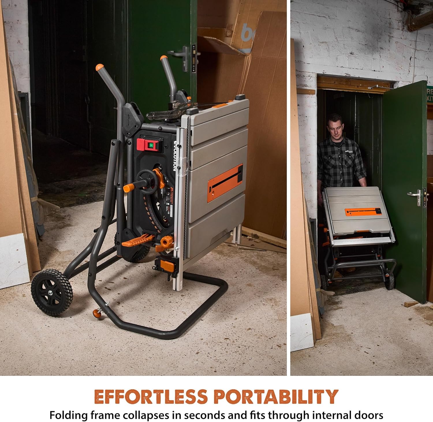 A person easily moving the folded table saw stand through a doorway, demonstrating effortless portability.