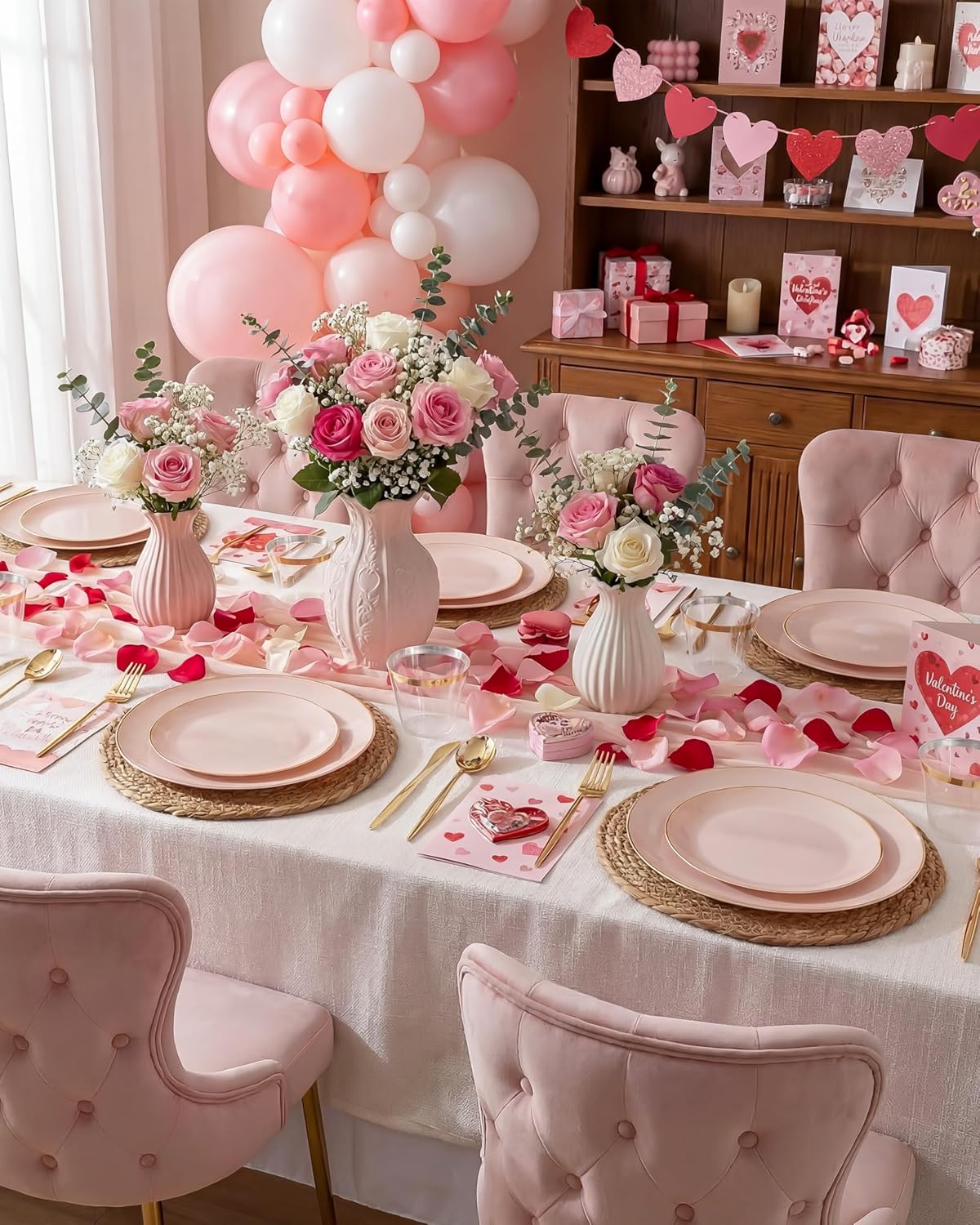 PULOTE 100PCS Pink Plastic Plates - Heavy Duty Pink and Gold Disposable for Party, Wedding, Valentines & Galentines Day, Include 50 Each (Dinner & Dessert) Plates